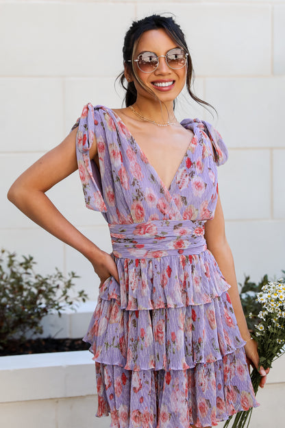 Purple Plisse Floral Tiered Mini Dress