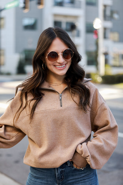 brown Brushed Ribbed Knit Quarter Zip Pullover