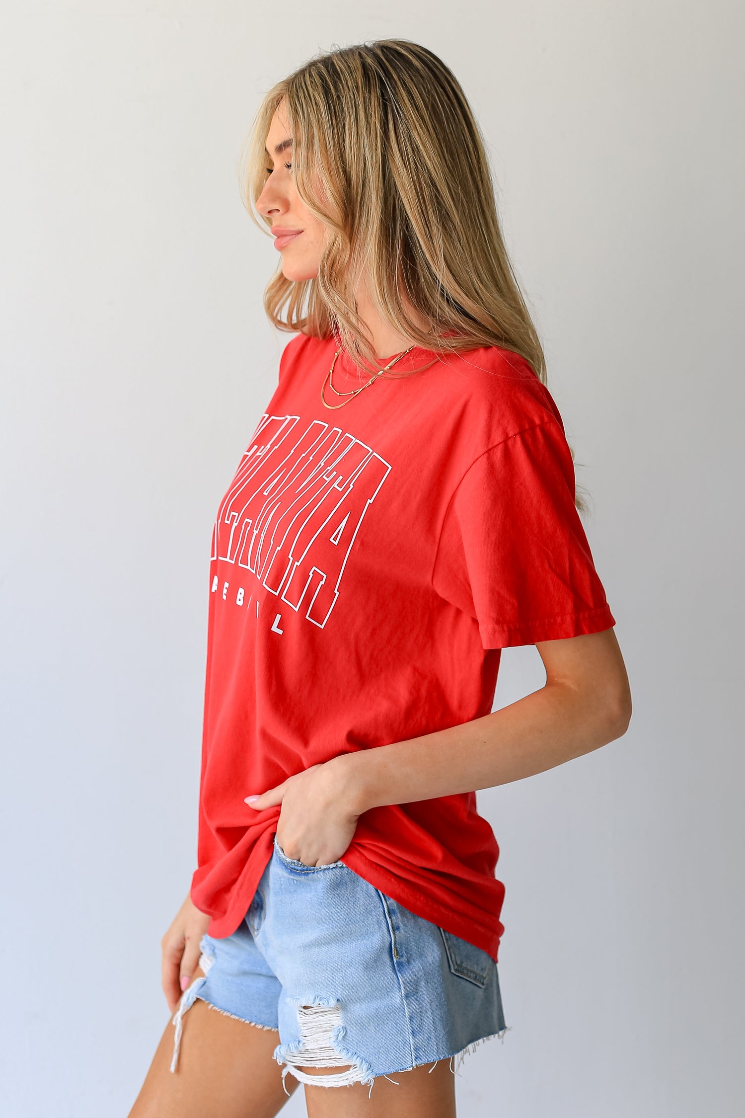 Red Atlanta Baseball Block Letter Tee side view