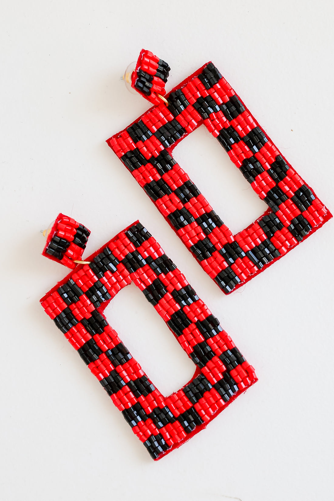 Red + Black Checkered Beaded Statement Earrings