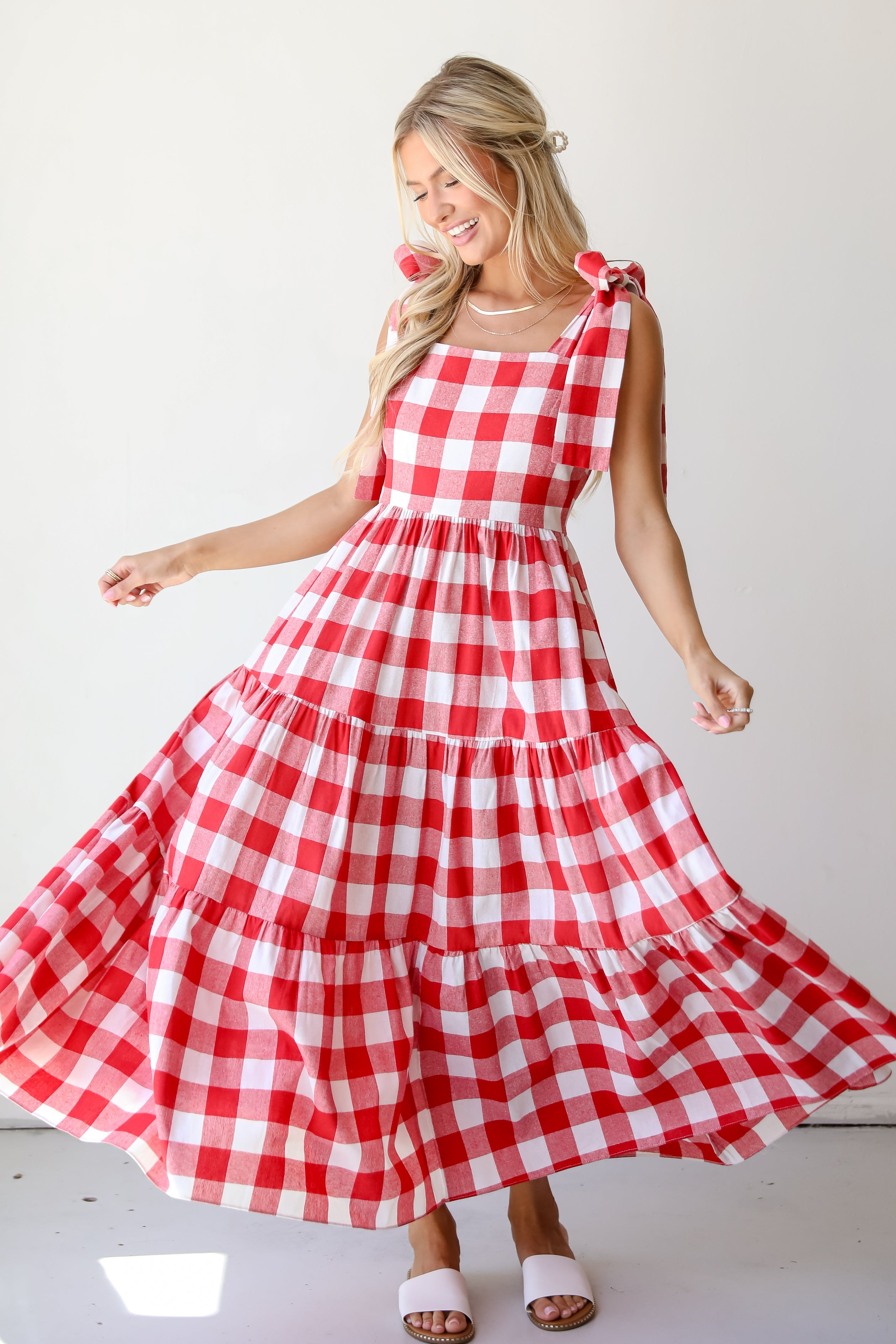 Red Gingham Tiered Maxi Dress