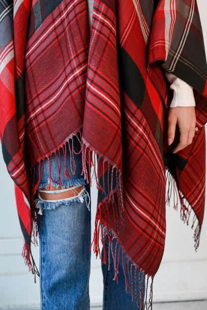 Red Plaid Fringe Shawl for women