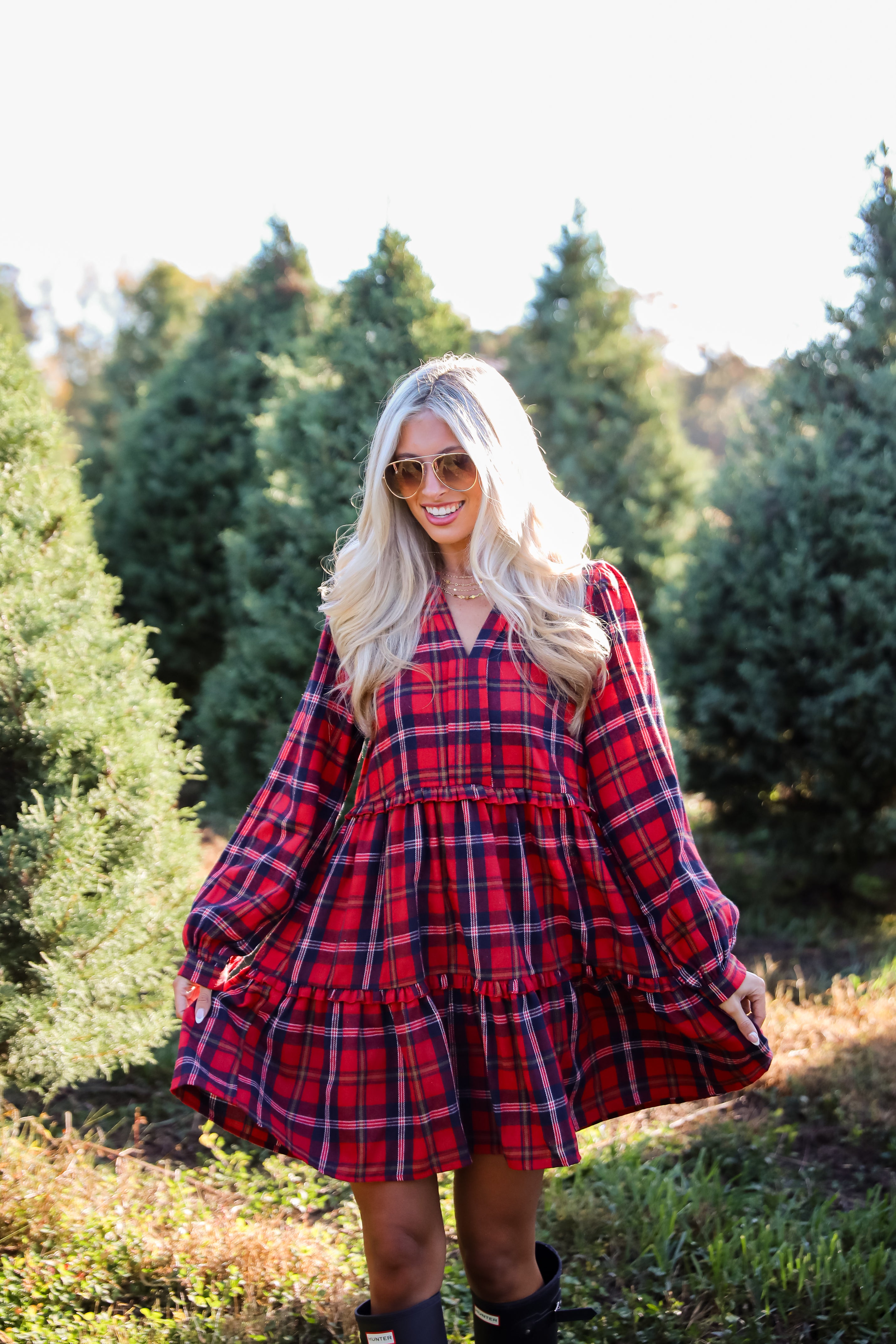 Adorably Demure Red Plaid Tiered Mini Dress