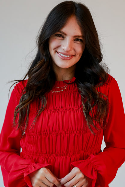 Red Smocked Blouse on model