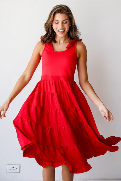 Sweet Daylight Red Tiered Midi Dress