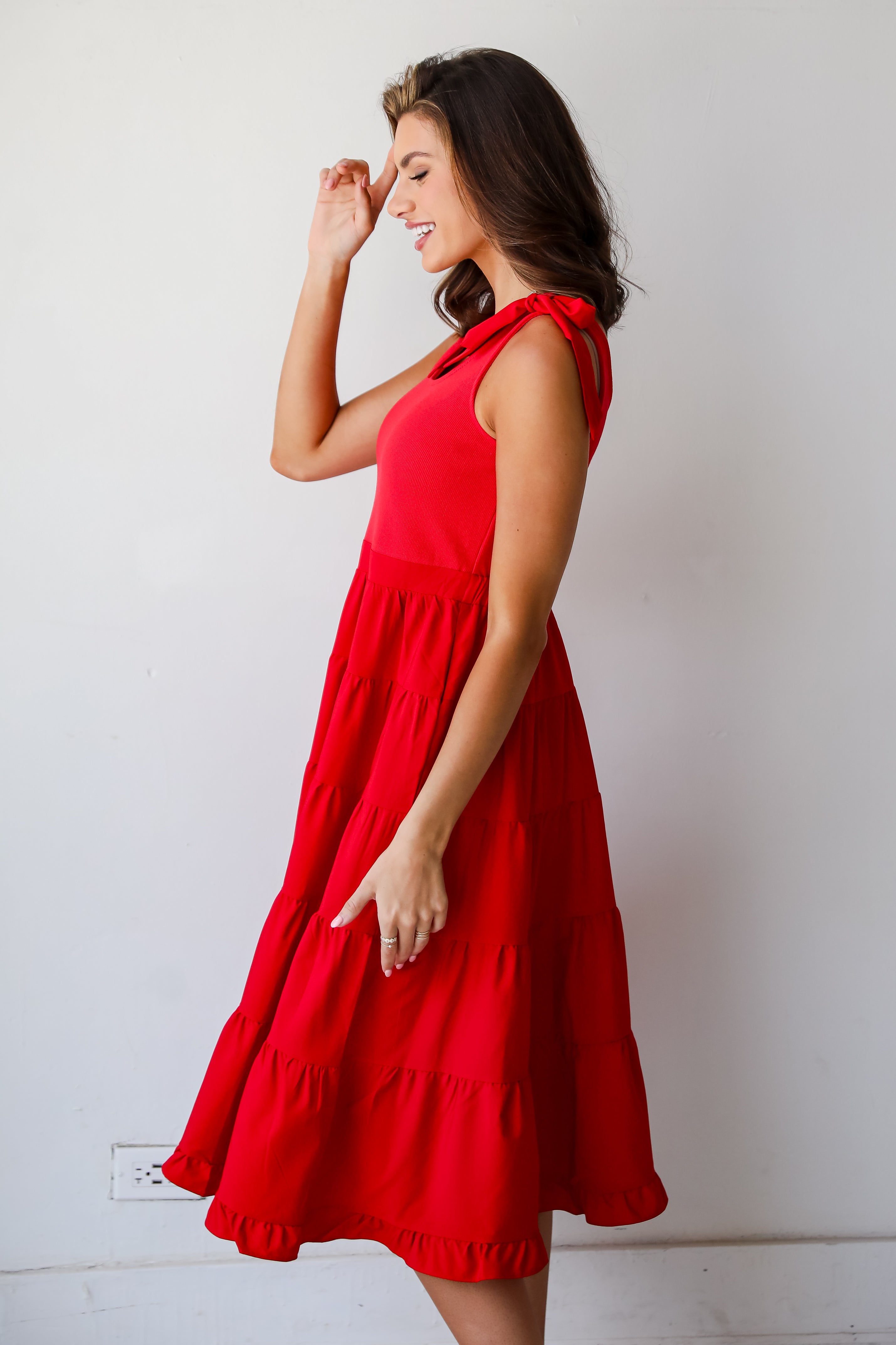 Sweet Daylight Red Tiered Midi Dress