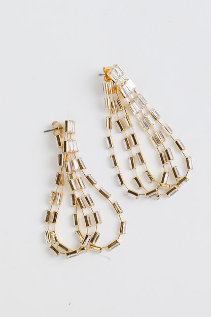 Gold Rhinestone Teardrop Hoop Earrings close up