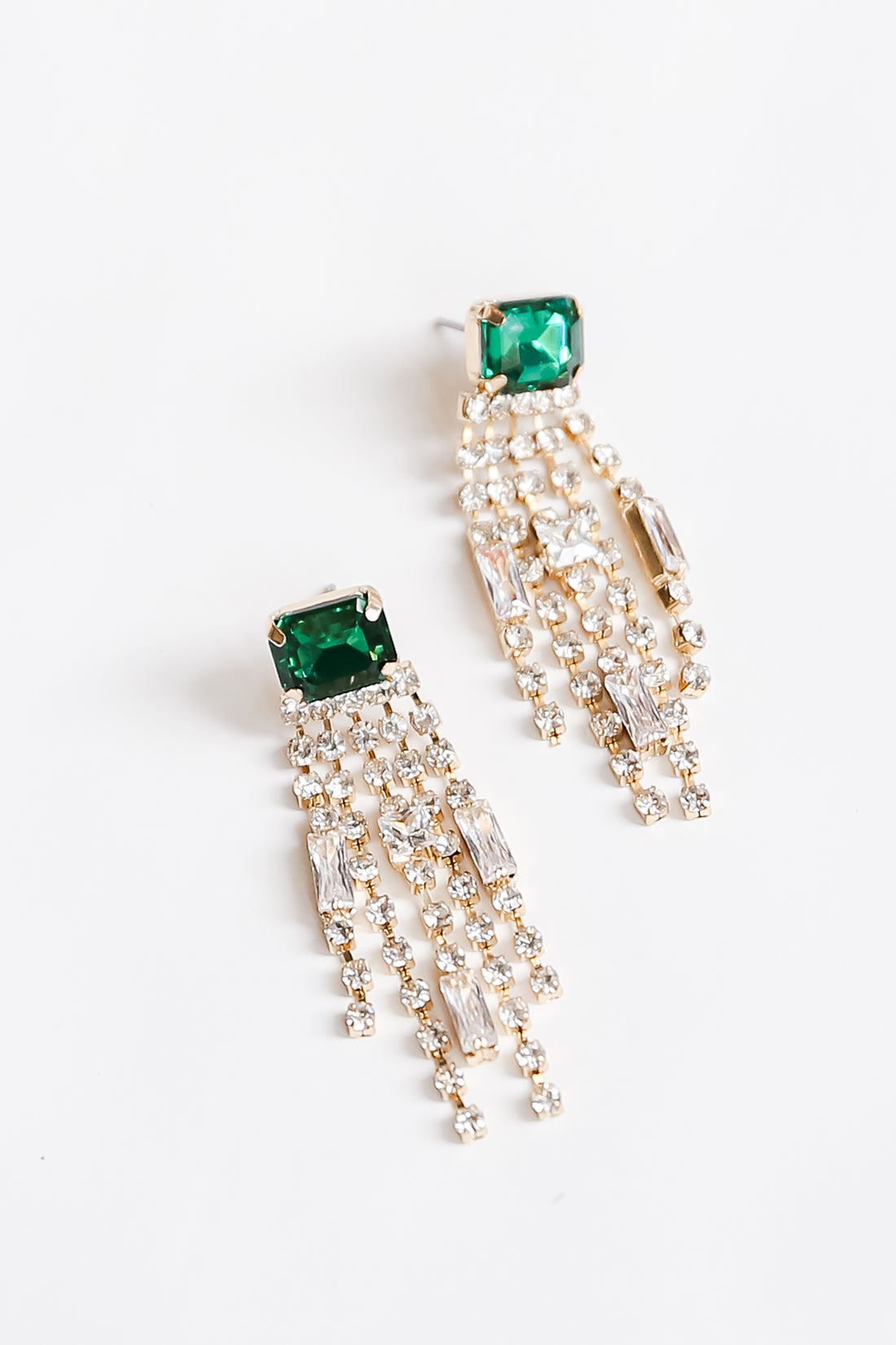 Green Rhinestone Fringe Earrings