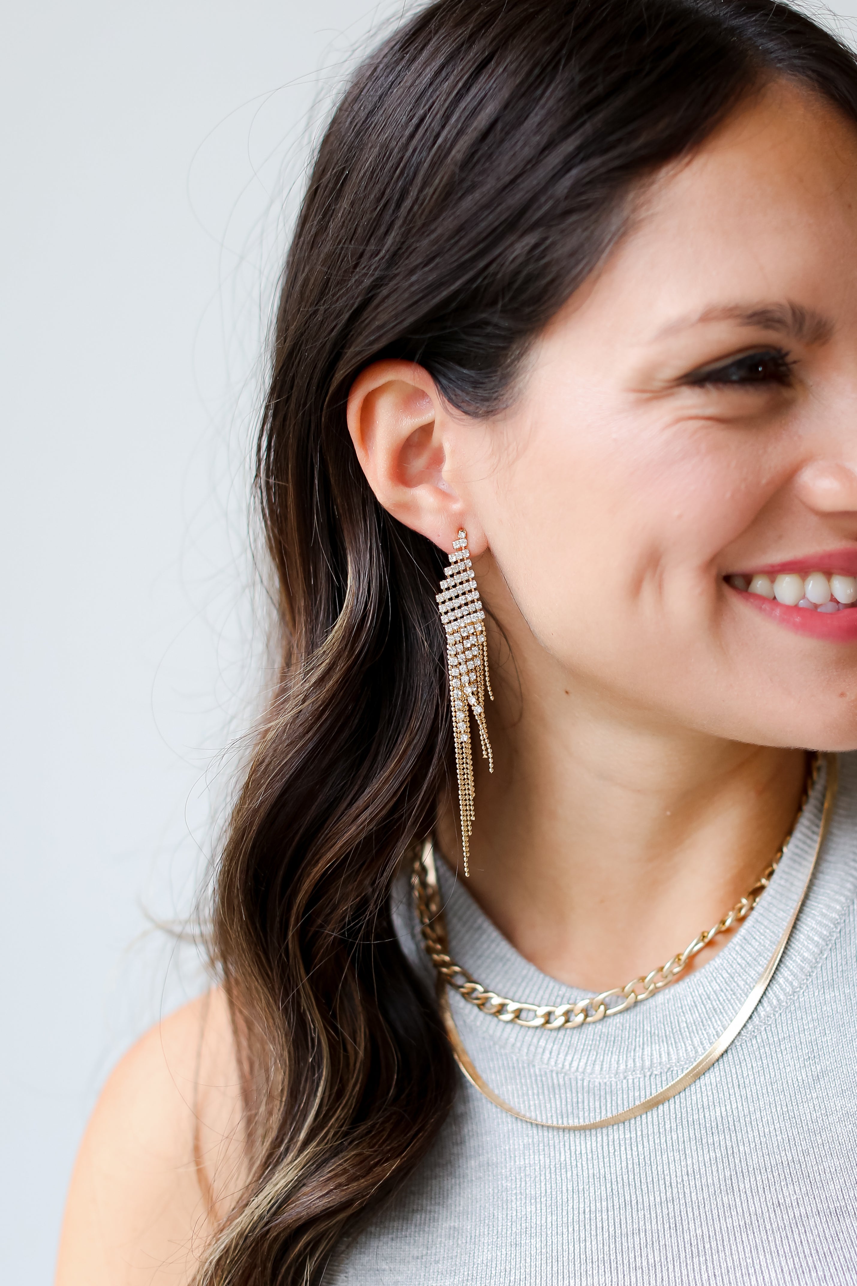 Gold Rhinestone Beaded Fringe Earrings close up