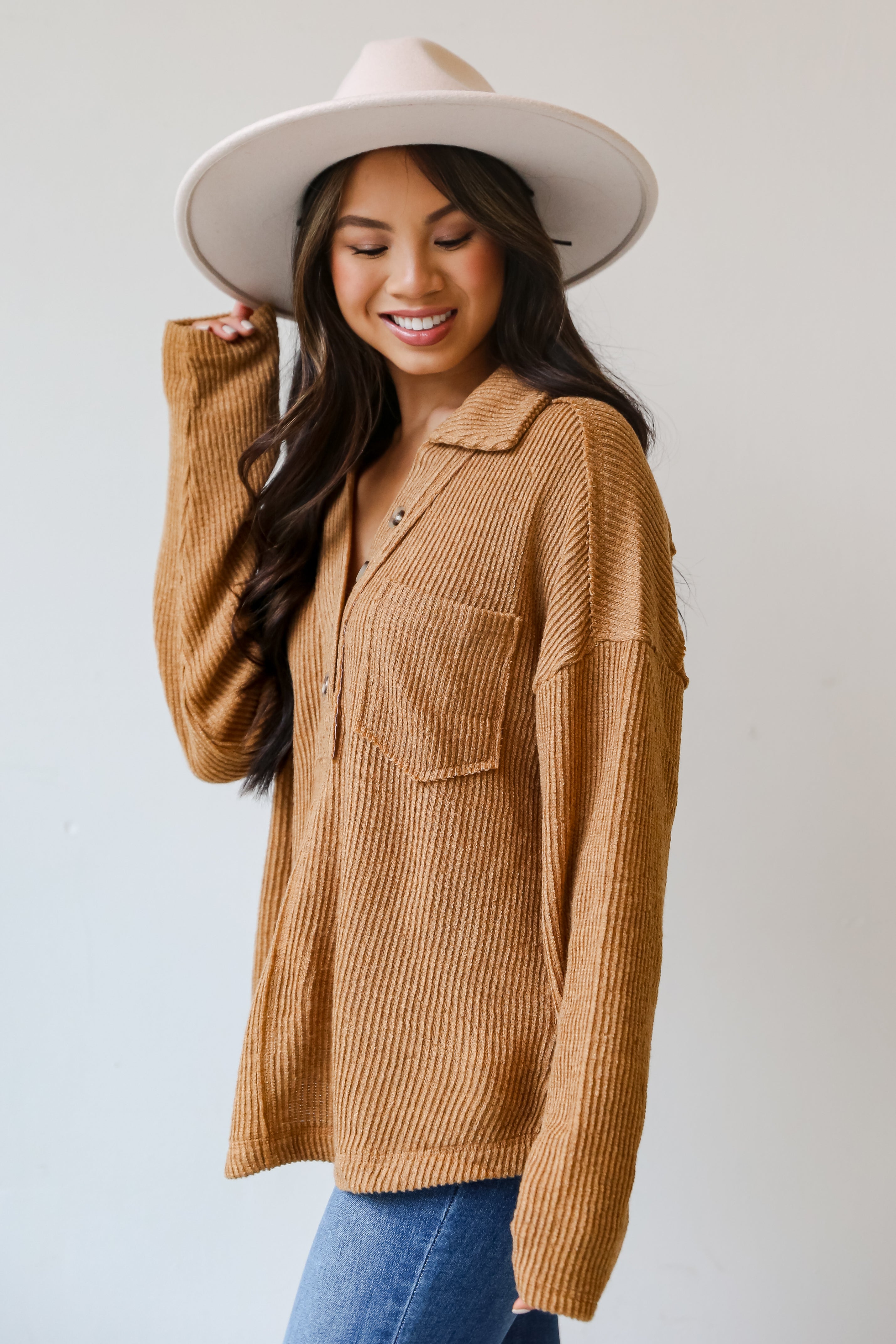 cute brown Collared Henley Knit Top