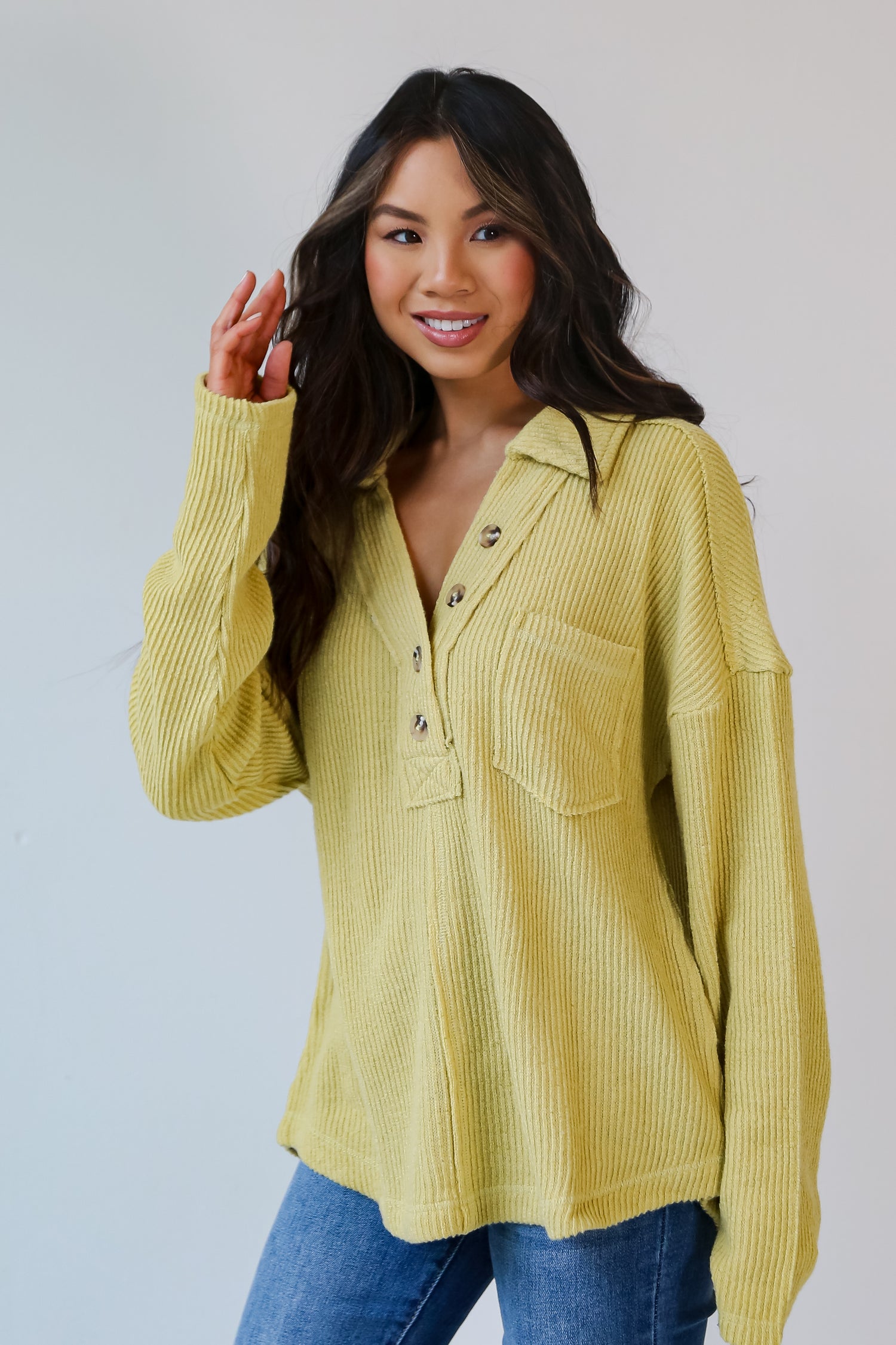 green Collared Henley Knit Top side view