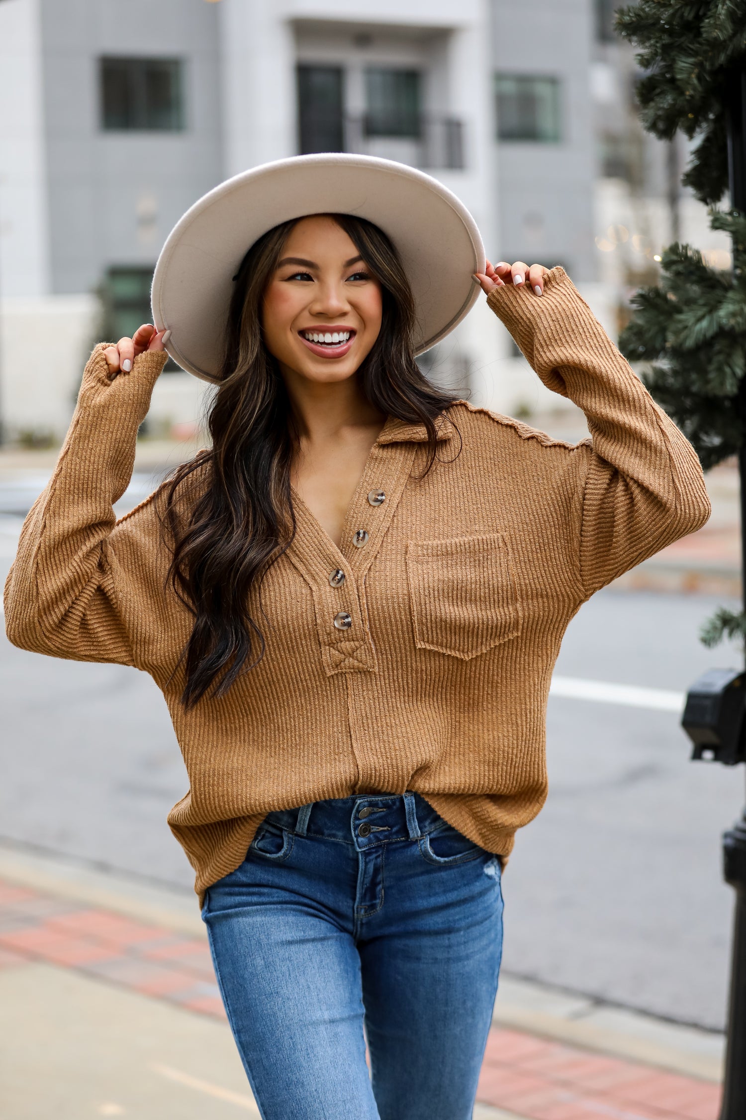 cute brown Collared Henley Knit Top