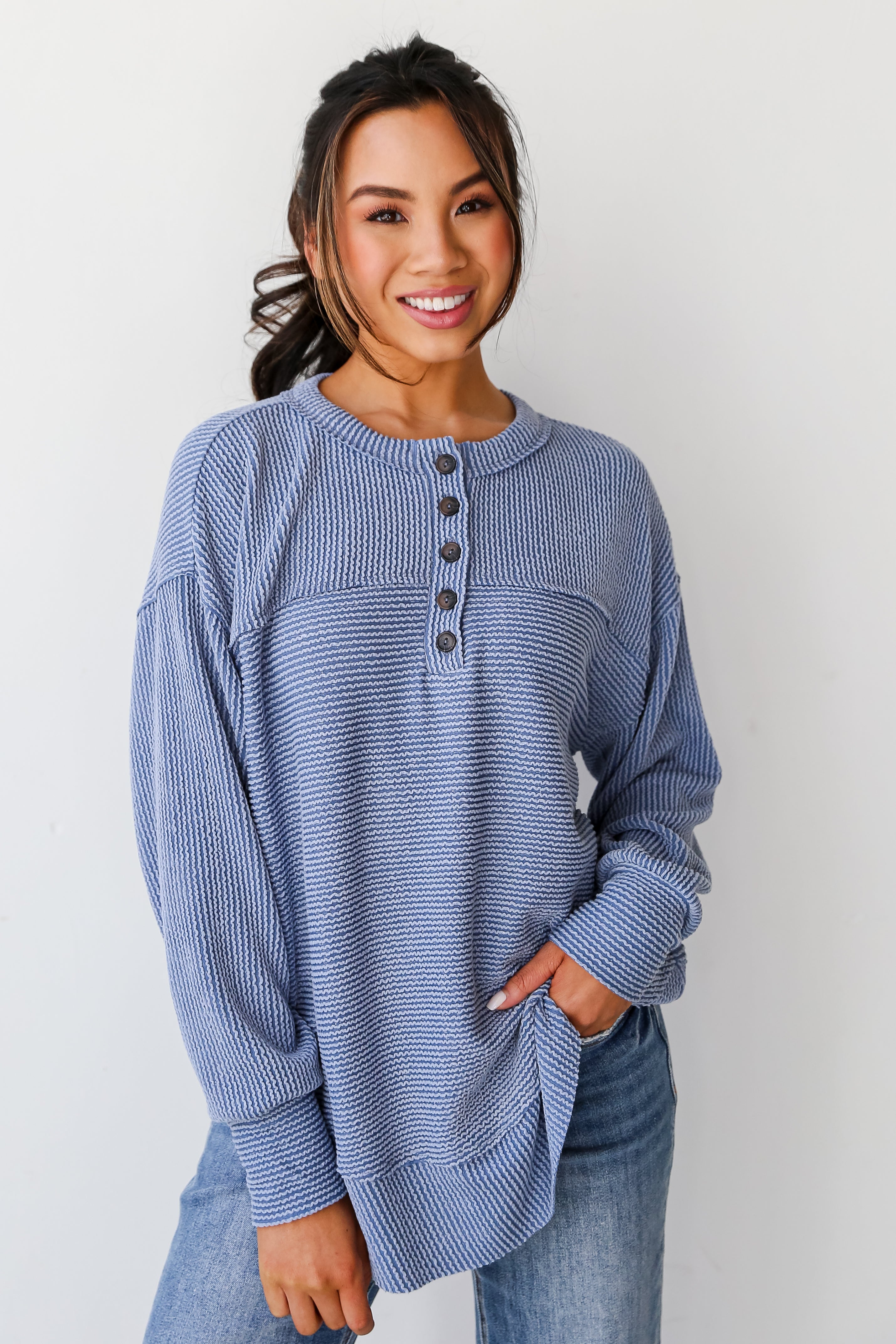 blue Corded Henley Top for women