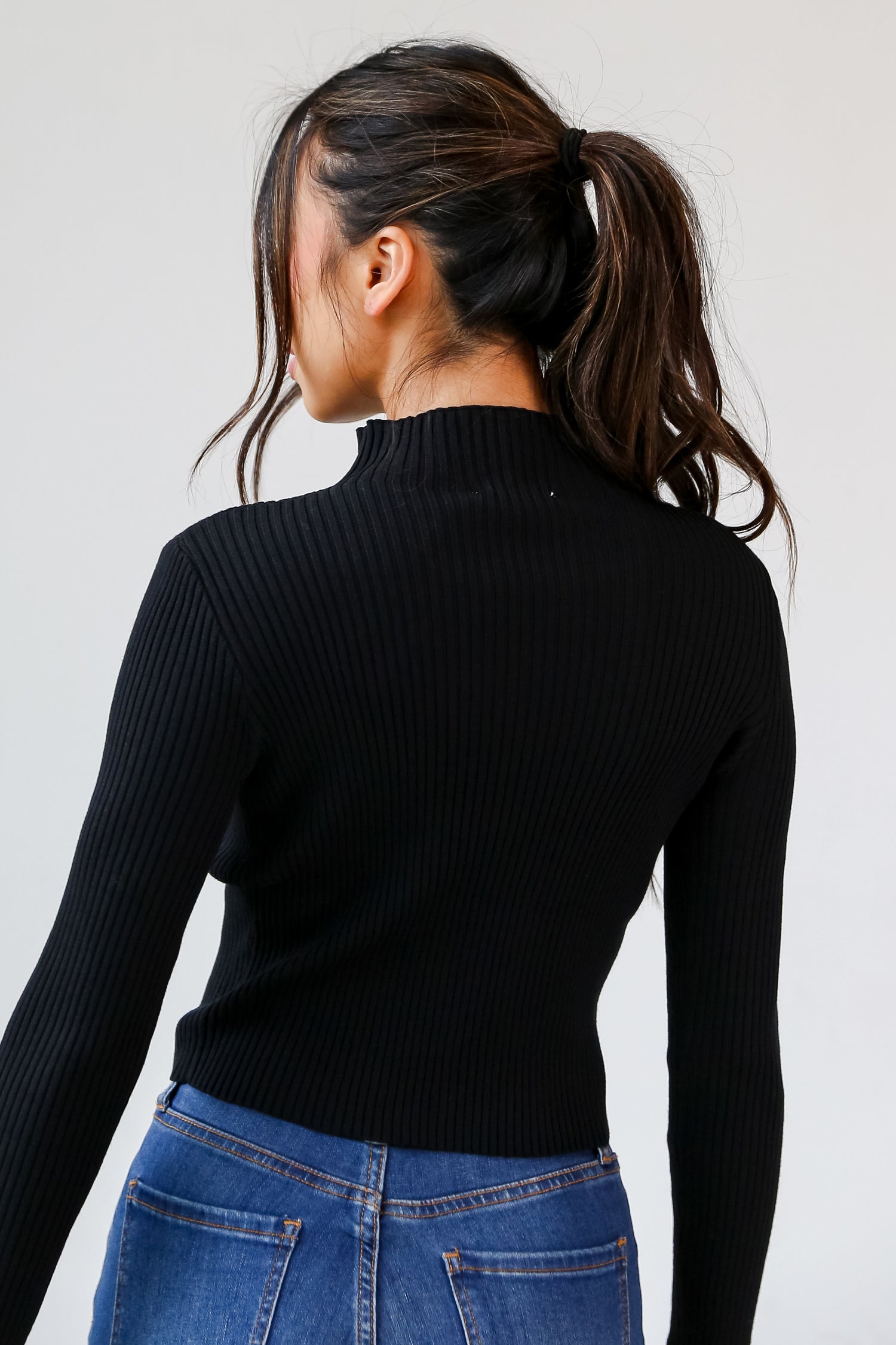 black Ribbed Mock Neck Top back view