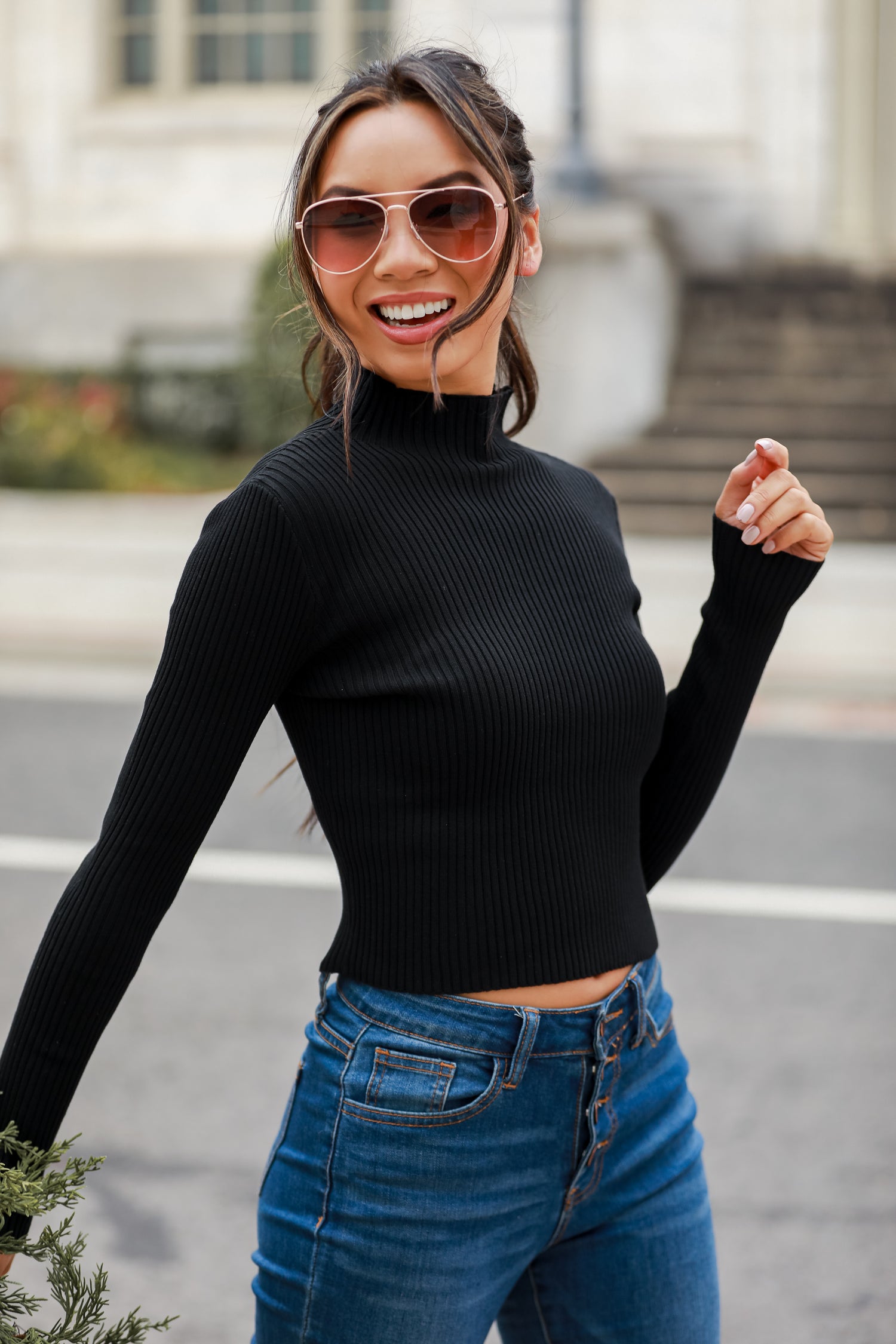 basic black Ribbed Mock Neck Top