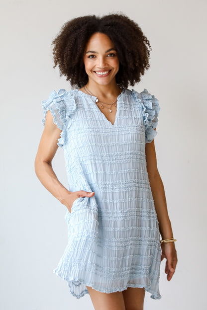 Cascading Crush Light Blue Ruffle Mini Dress