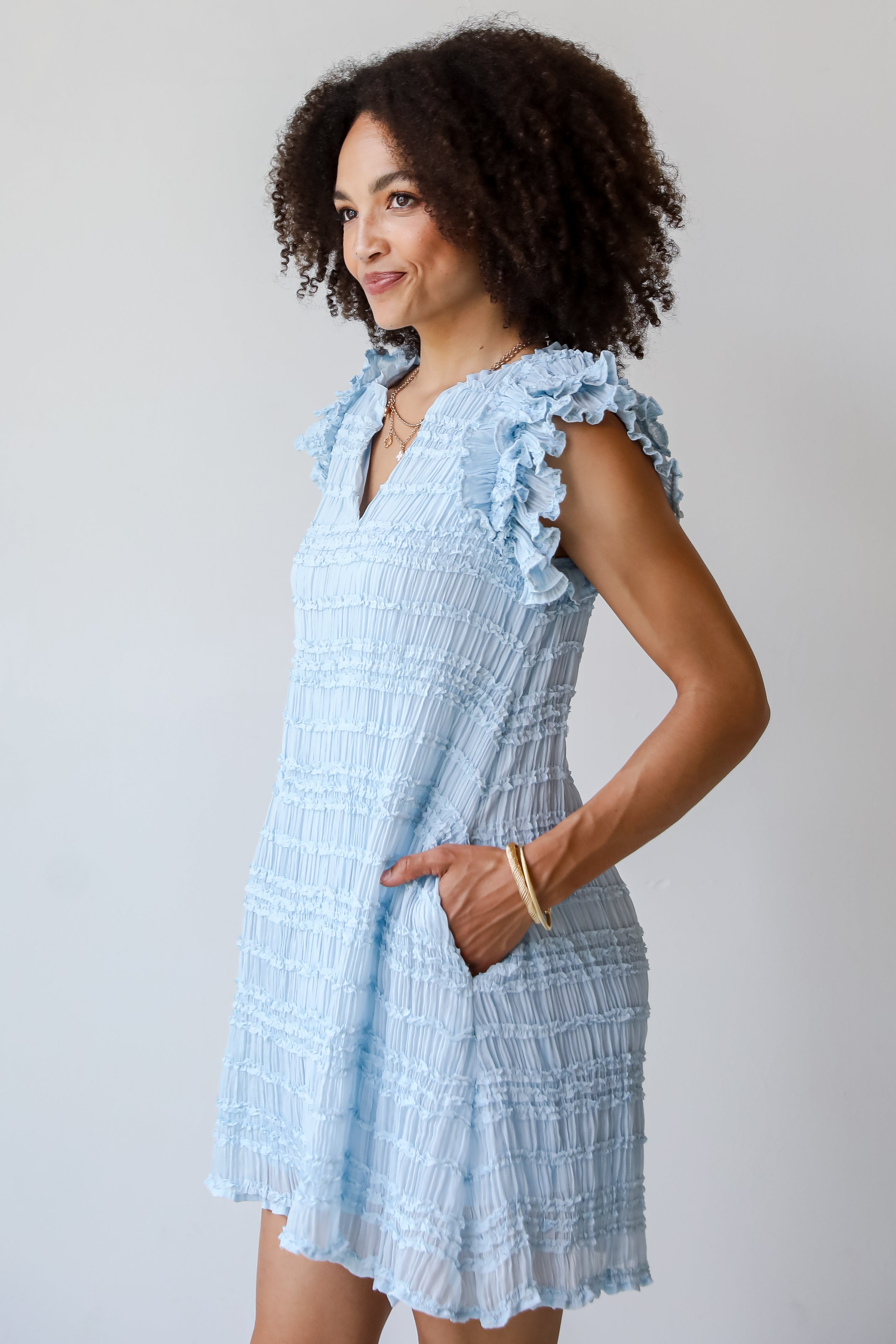 Cascading Crush Light Blue Ruffle Mini Dress