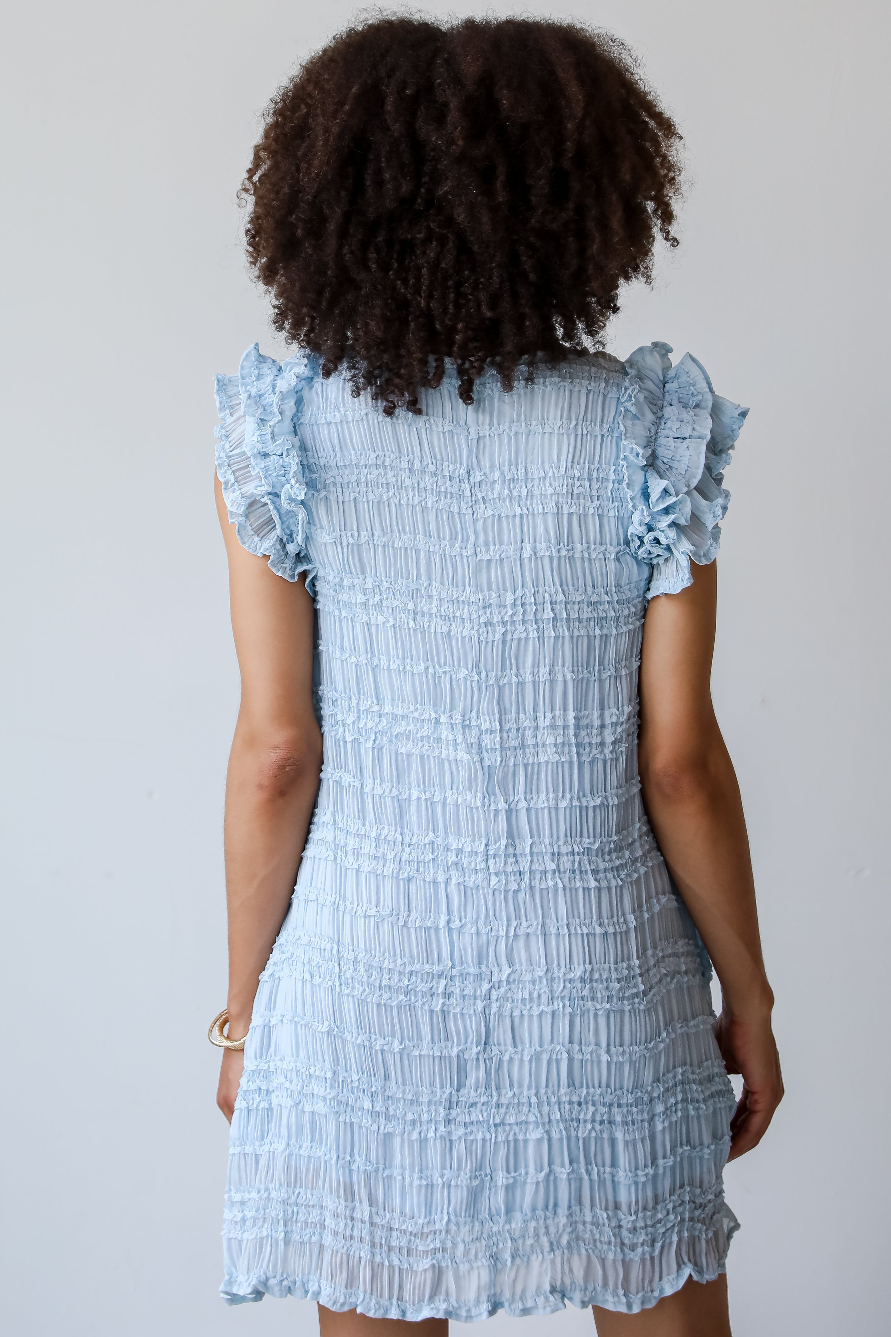 Cascading Crush Light Blue Ruffle Mini Dress