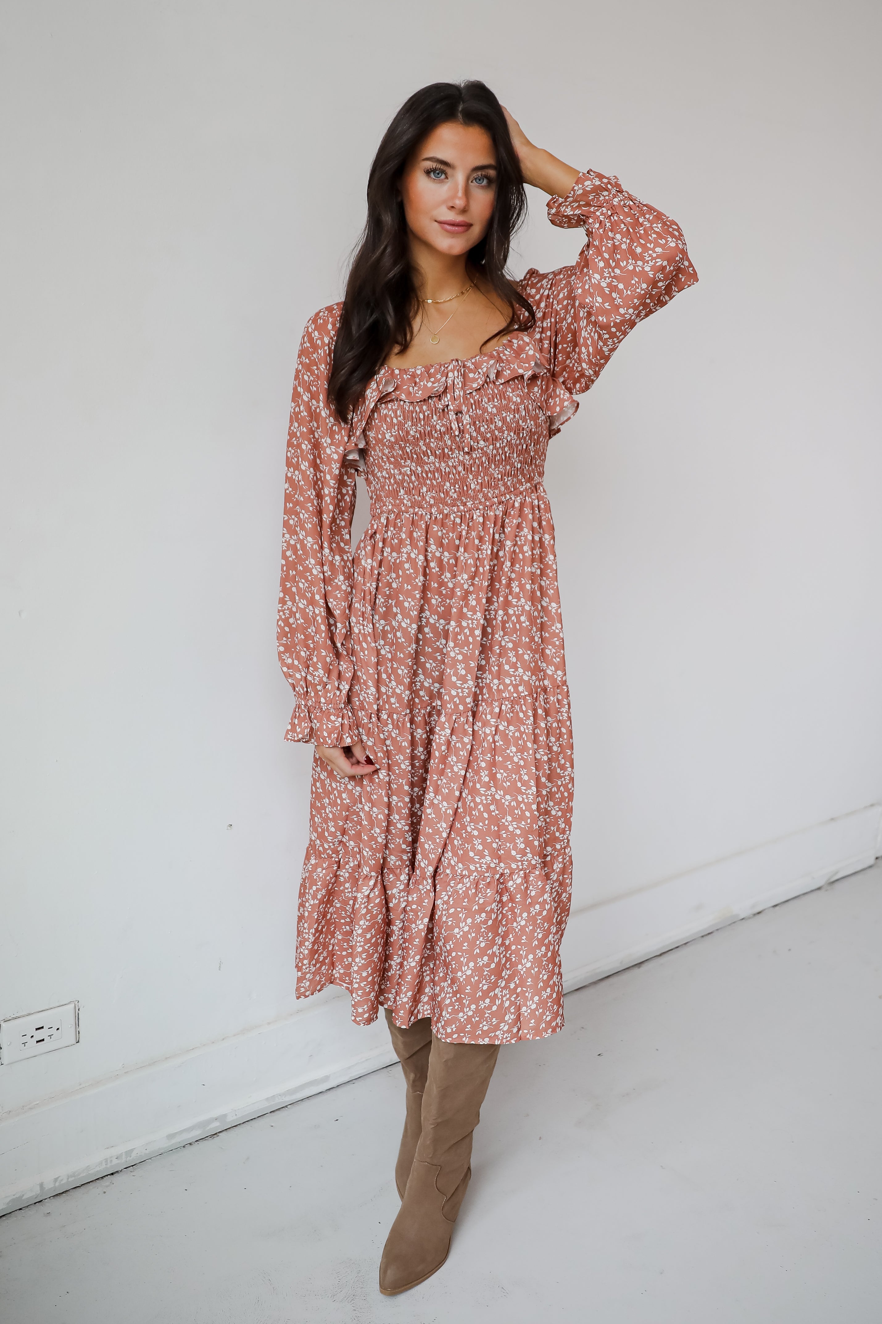 Elevated Invite Rust Floral Midi Dress