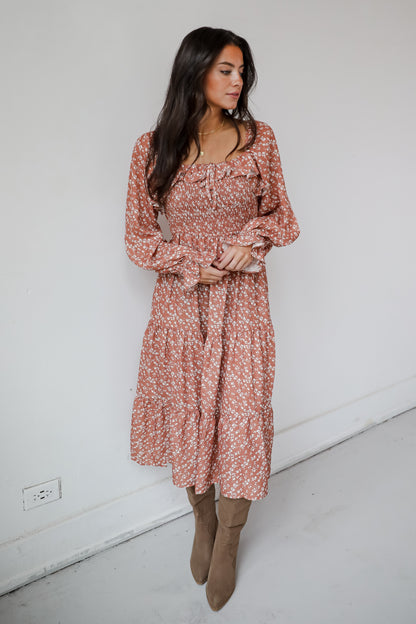 Elevated Invite Rust Floral Midi Dress