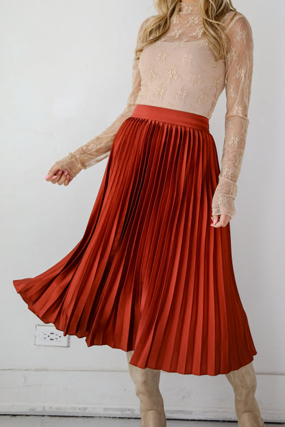 Fabulous Always Rust Satin Pleated Midi Skirt