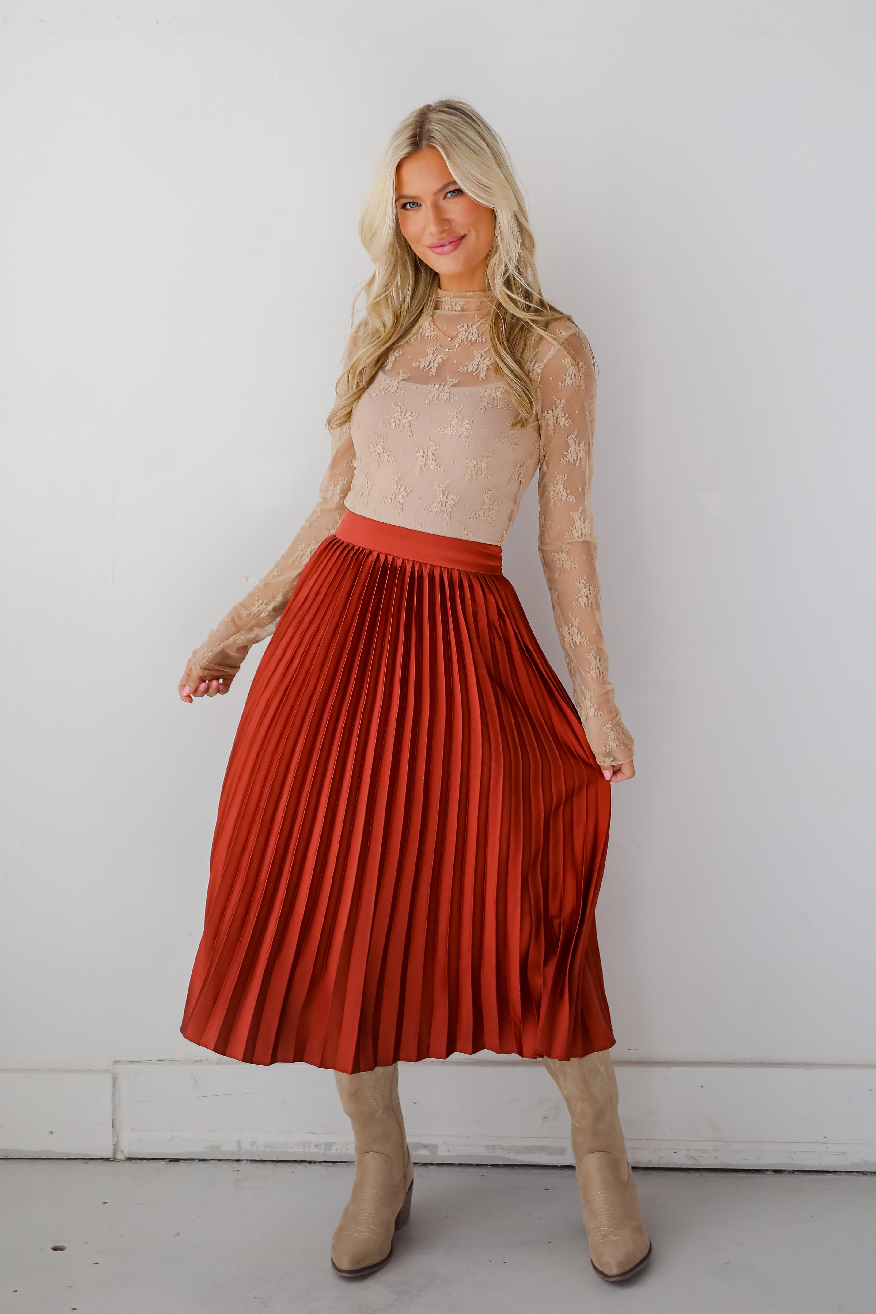 Fabulous Always Rust Satin Pleated Midi Skirt