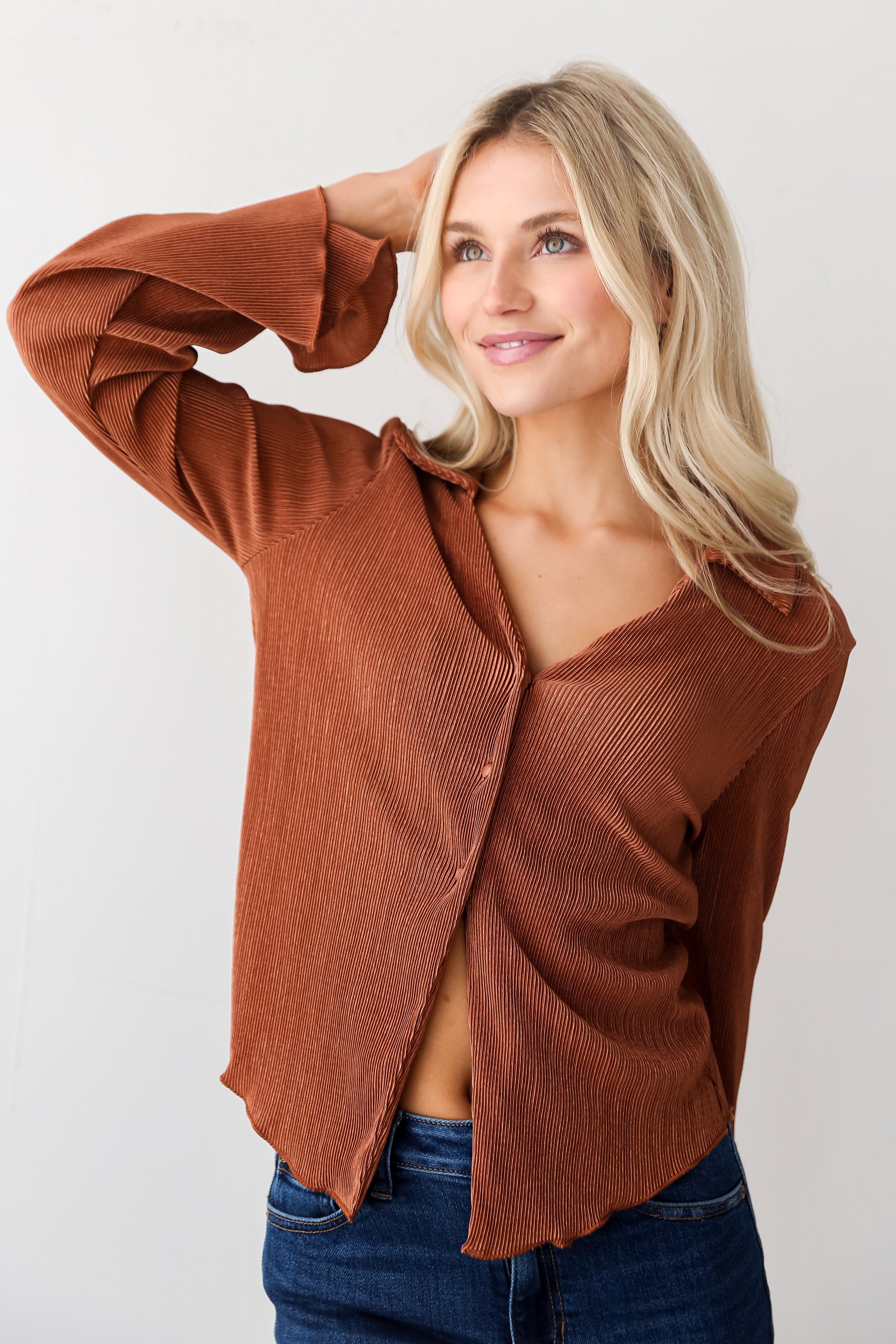 Camel Plisse Blouse front view