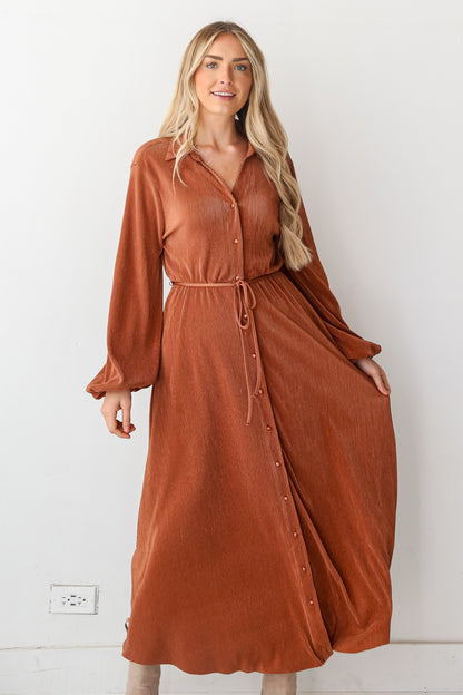 Camel Plisse Maxi Dress front view