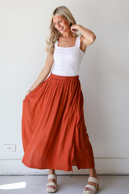 Rust Satin Midi Skirt