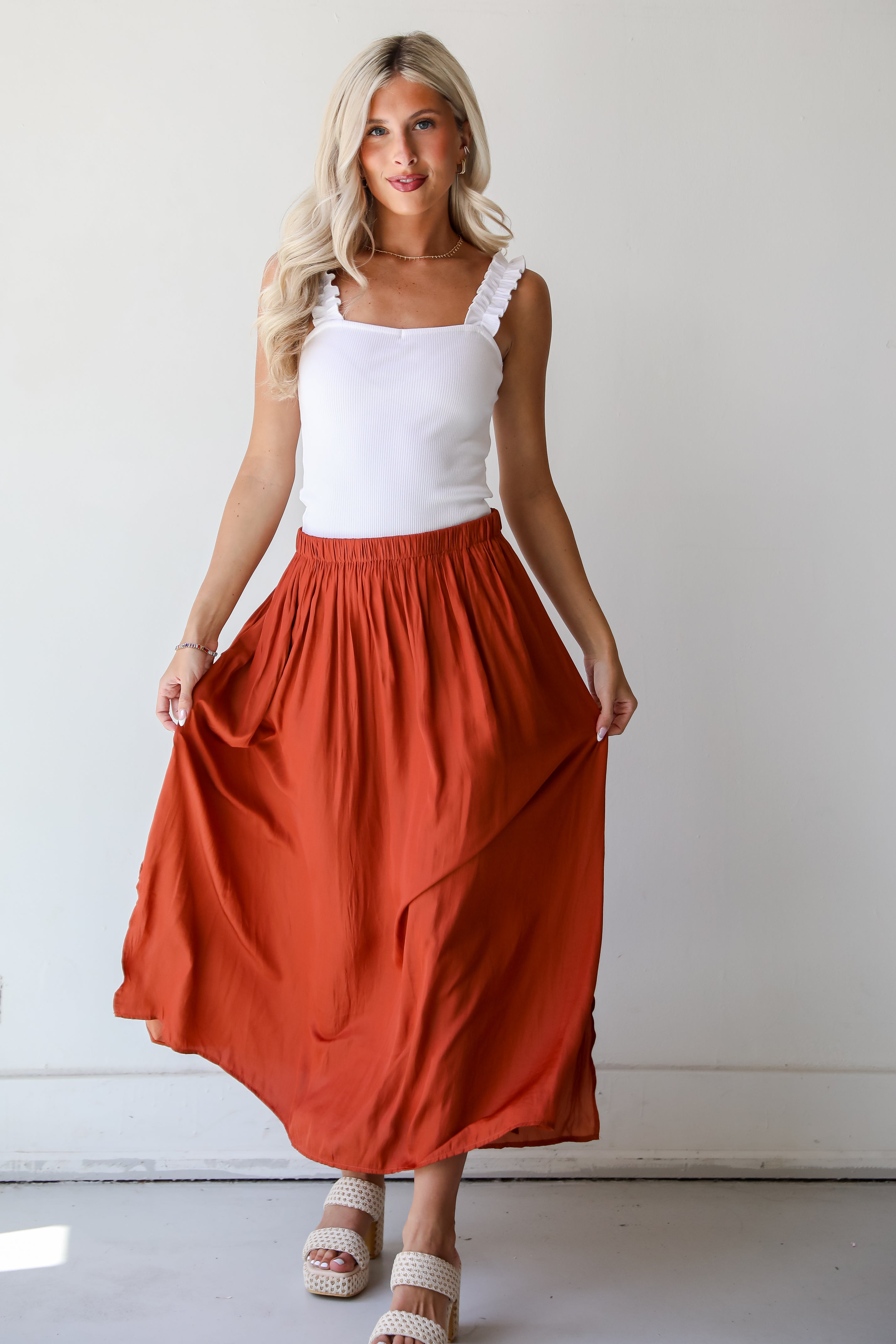 Rust Satin Midi Skirt