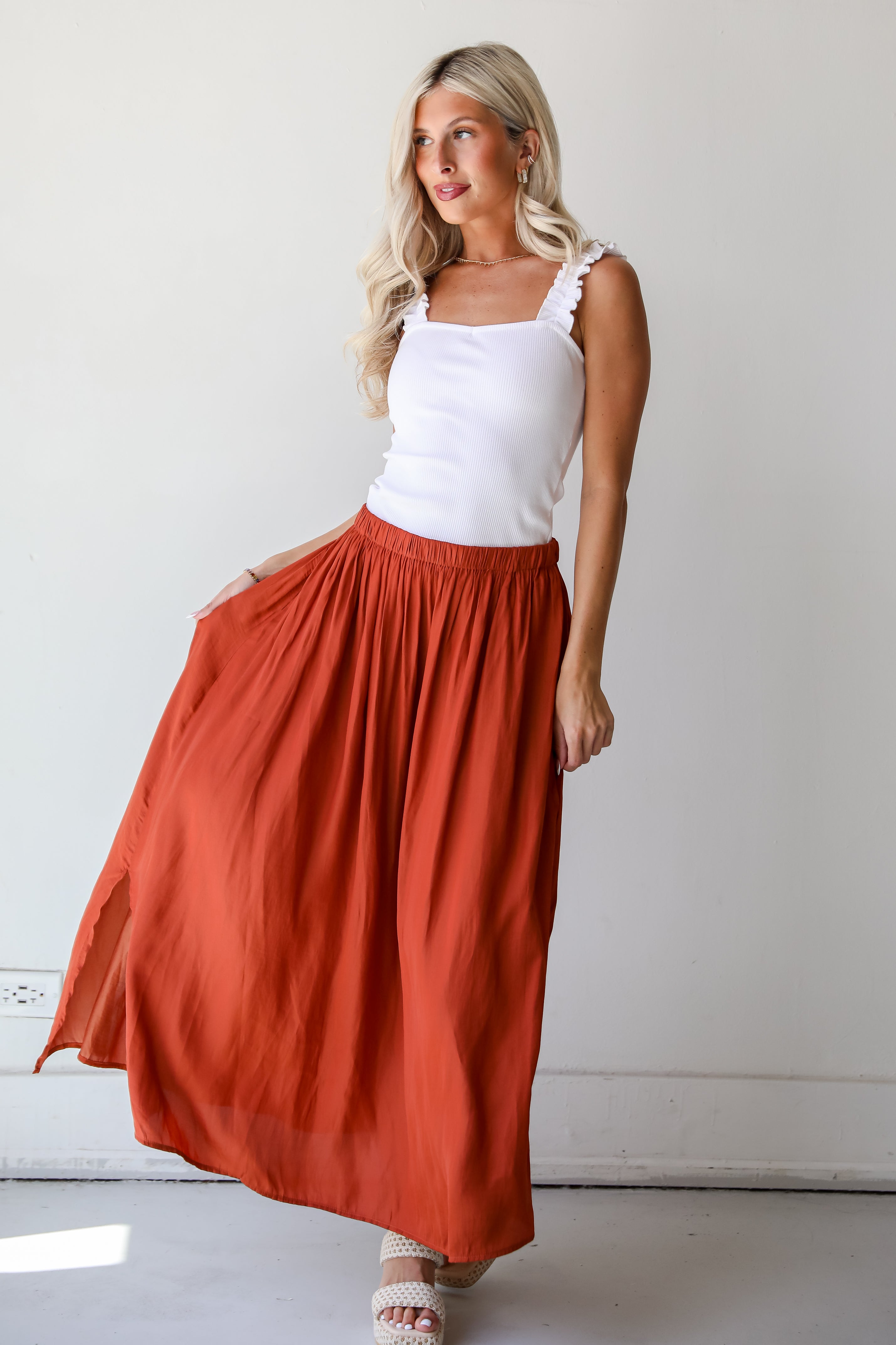 Rust Satin Midi Skirt