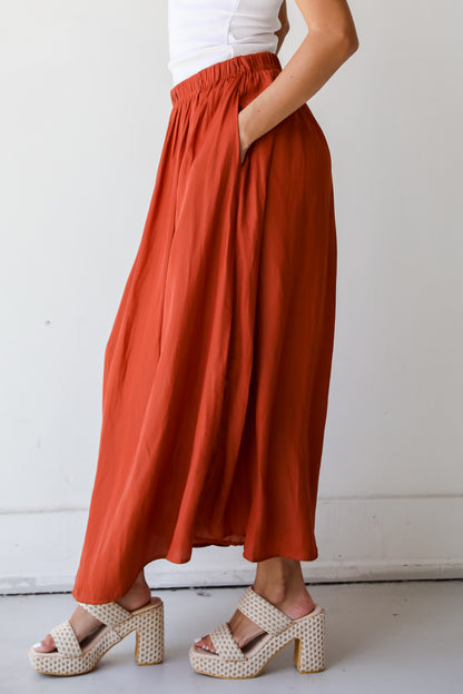 Rust Satin Midi Skirt