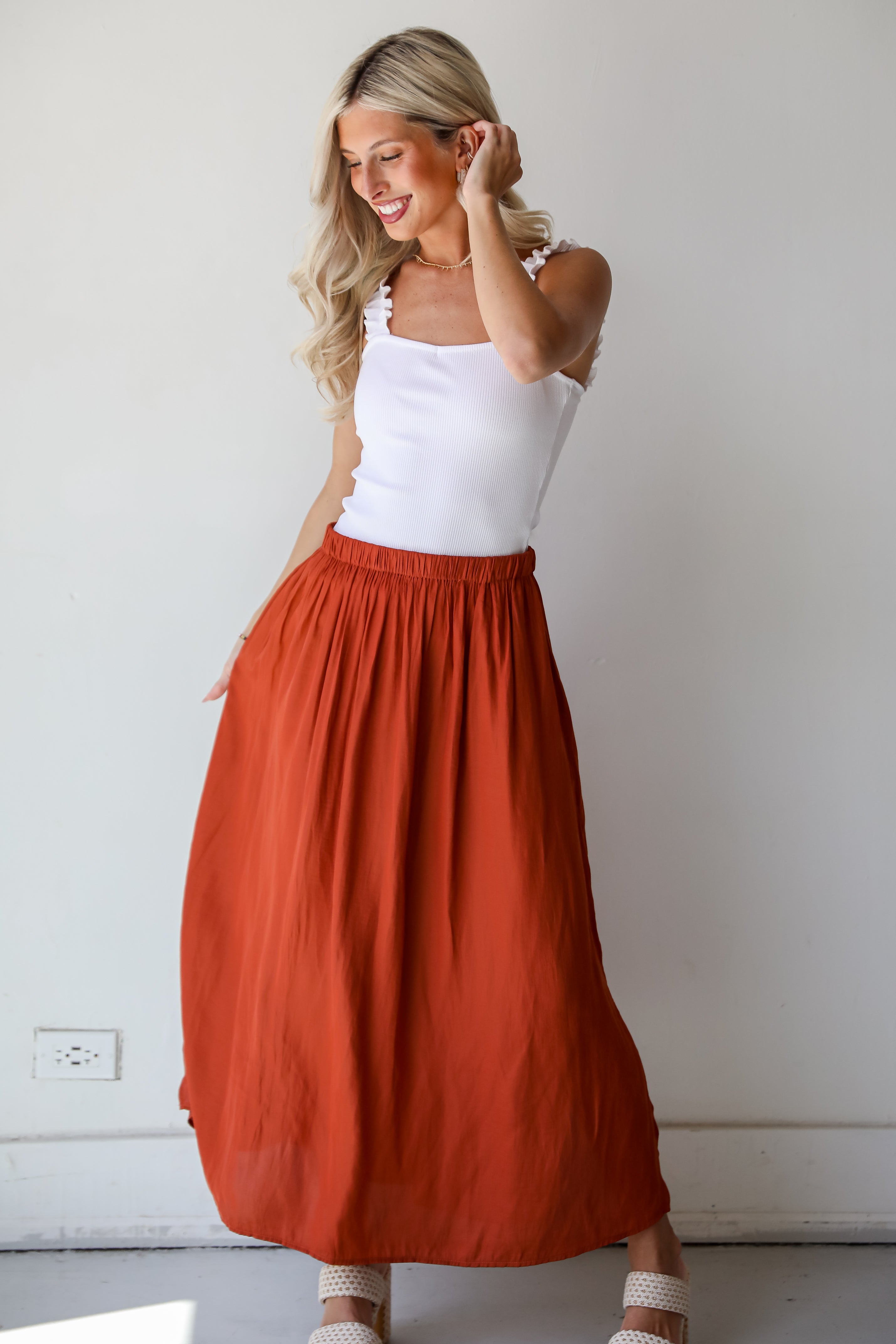 Rust Satin Midi Skirt