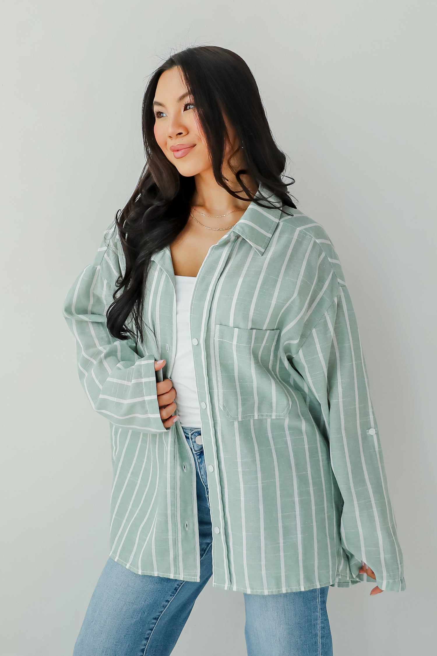 Pristine Muse Sage Striped Button-Up Blouse