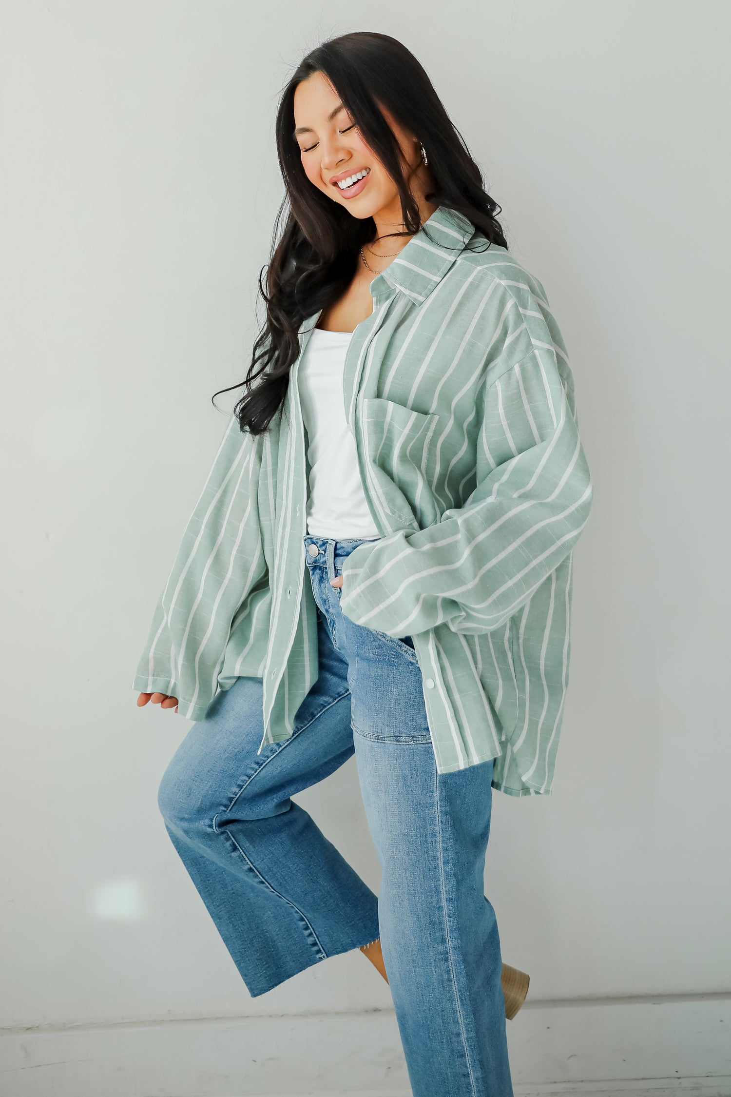 Pristine Muse Sage Striped Button-Up Blouse