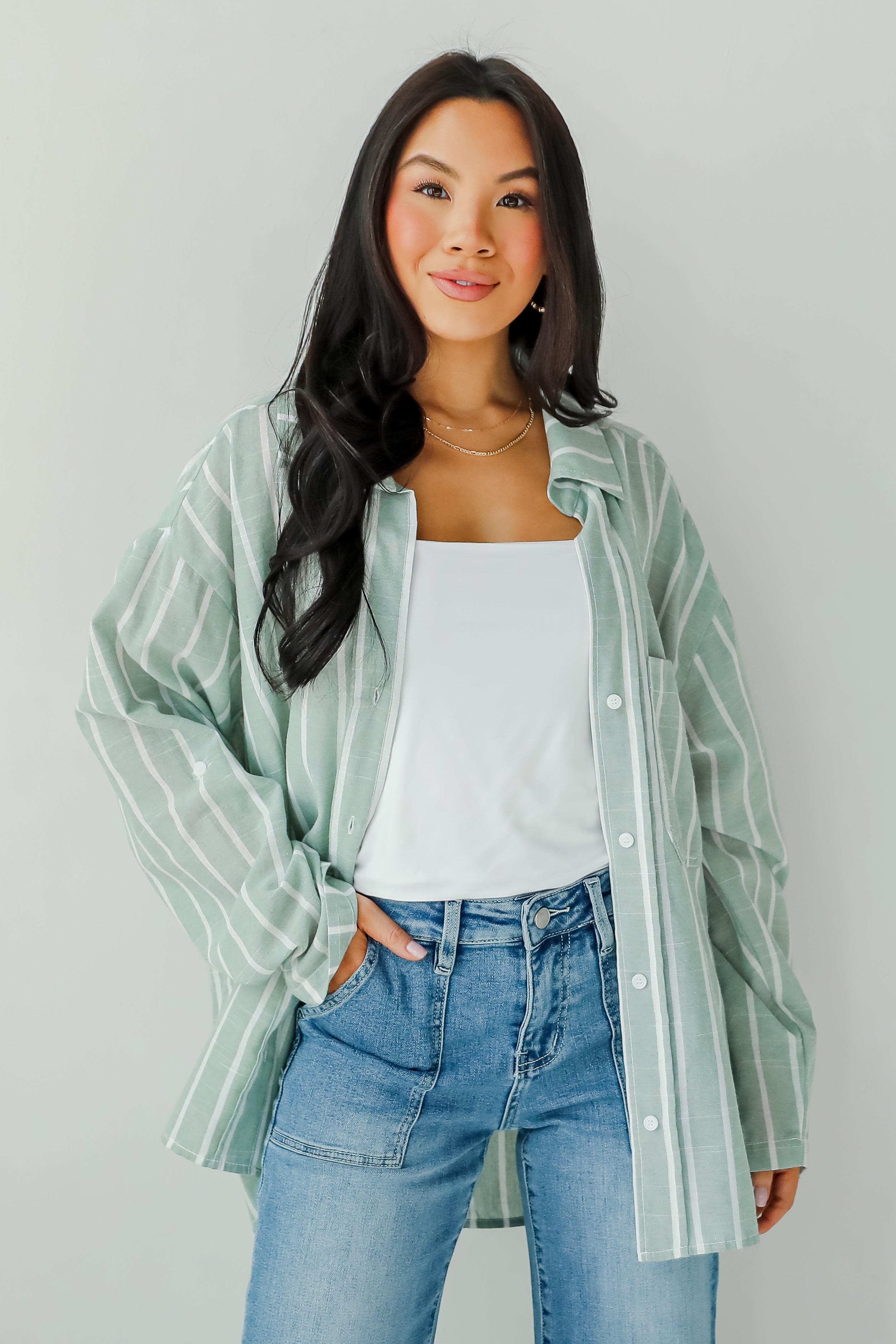 Pristine Muse Sage Striped Button-Up Blouse