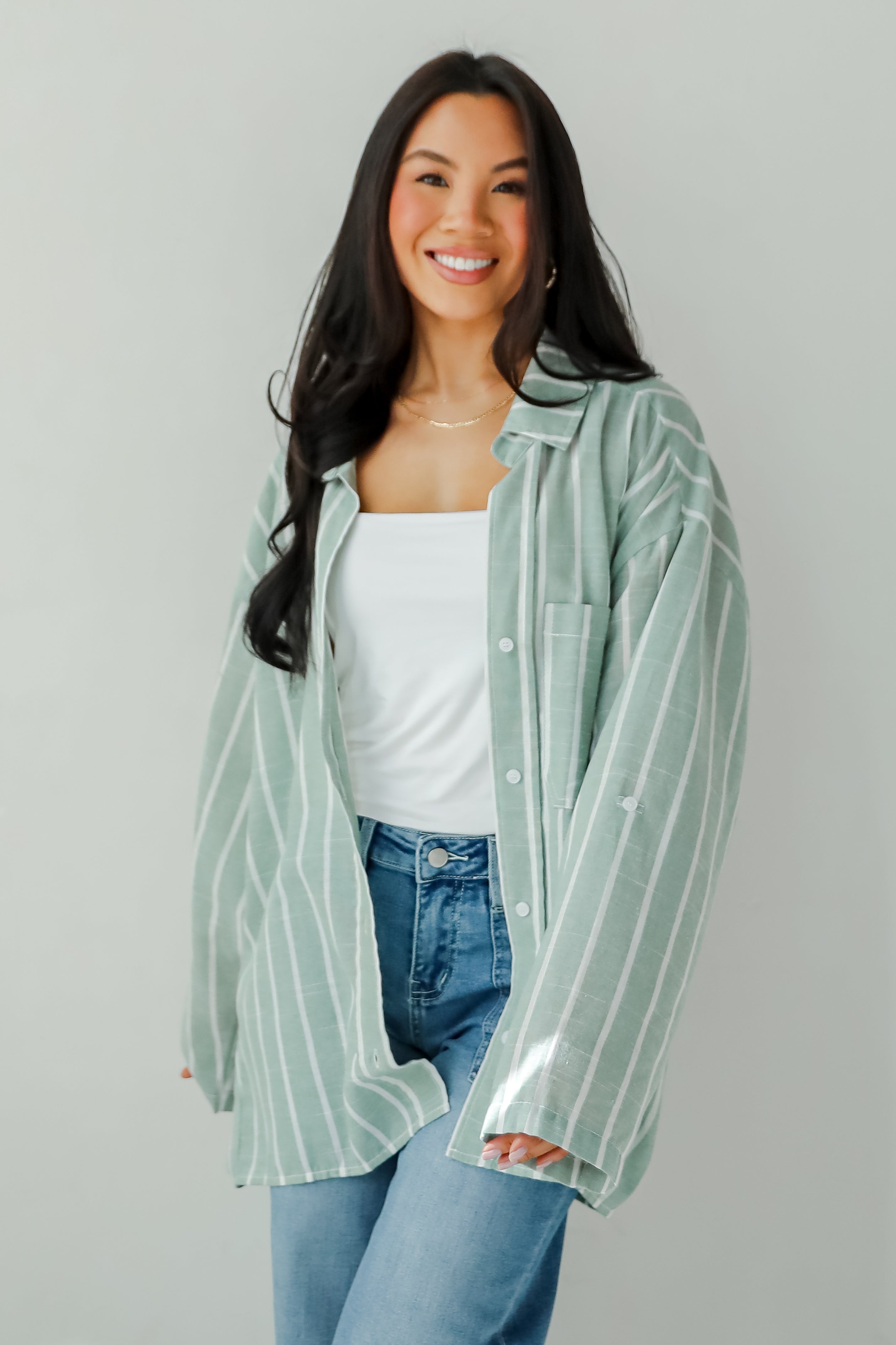 Pristine Muse Sage Striped Button-Up Blouse