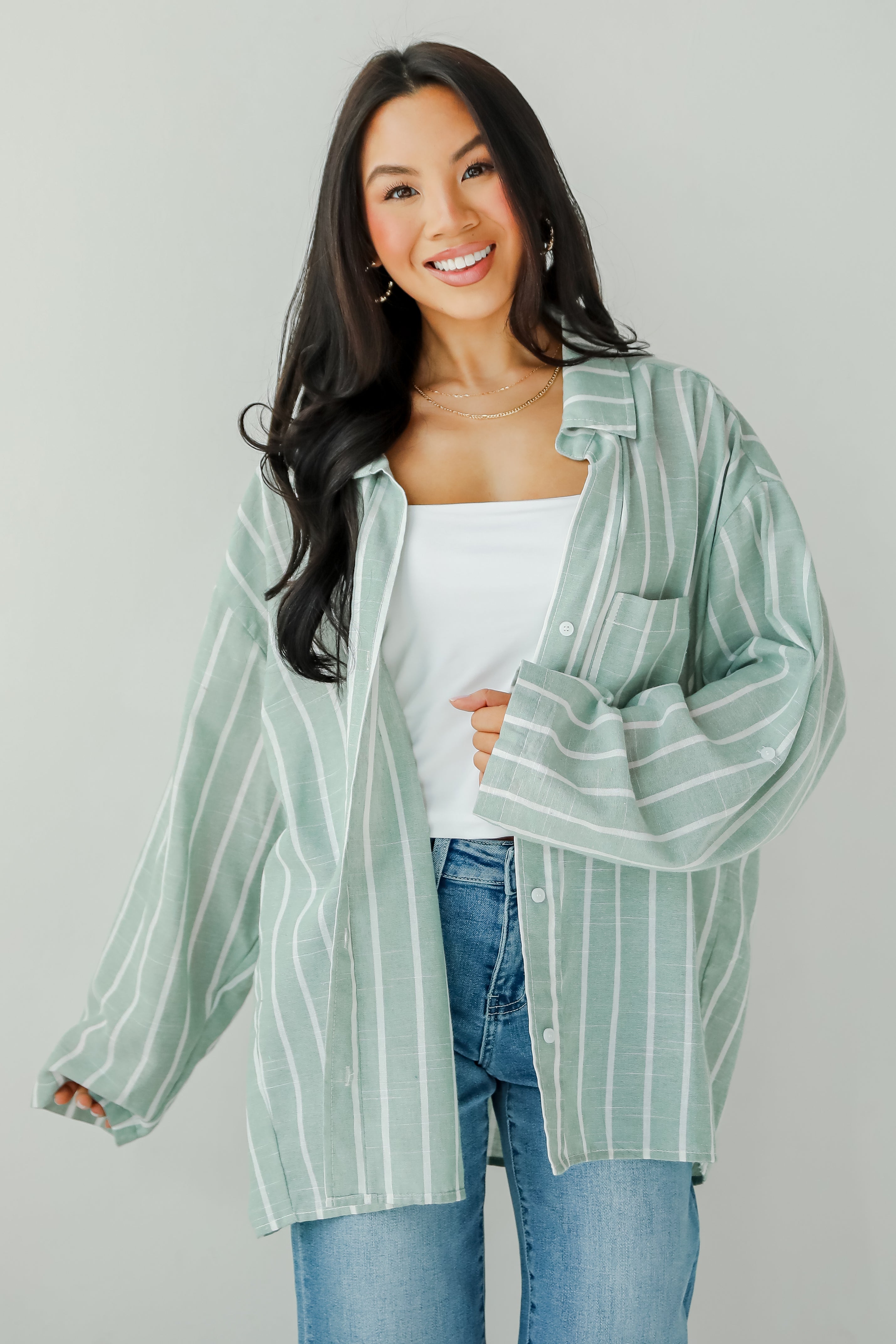 Pristine Muse Sage Striped Button-Up Blouse