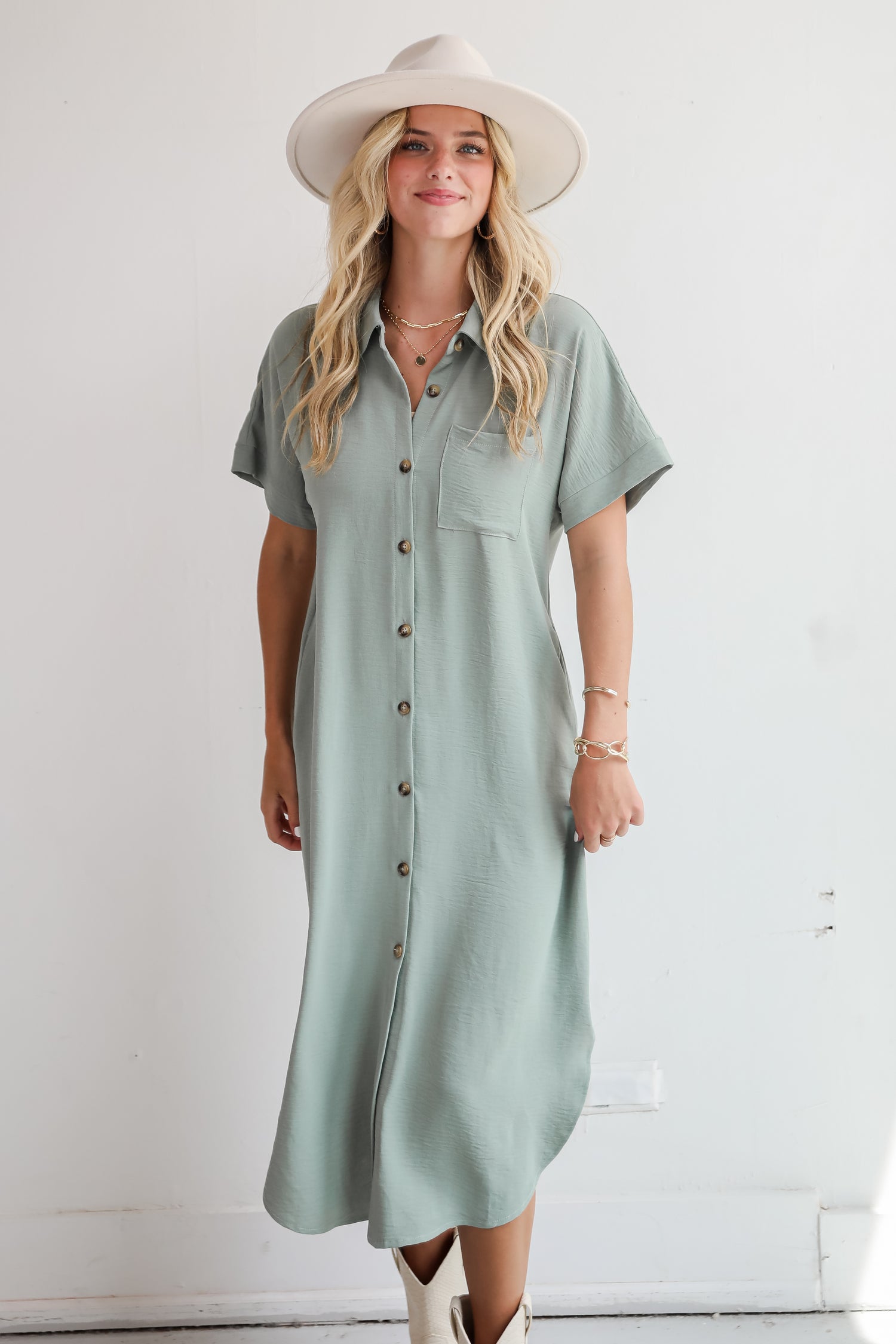 Radiant Moment Sage Button Front Midi Dress