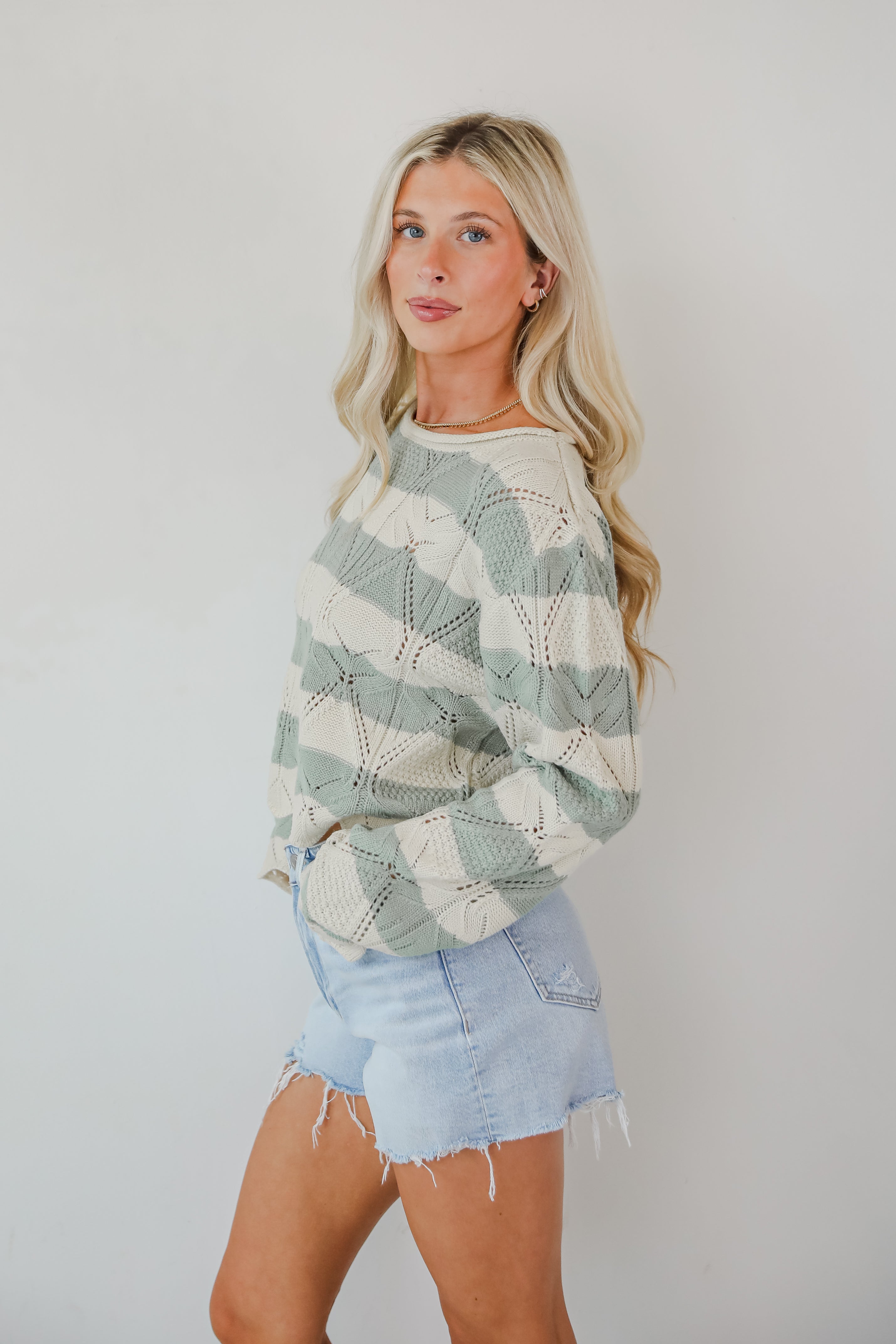 Strolls In The Sand Sage Striped Knit Top