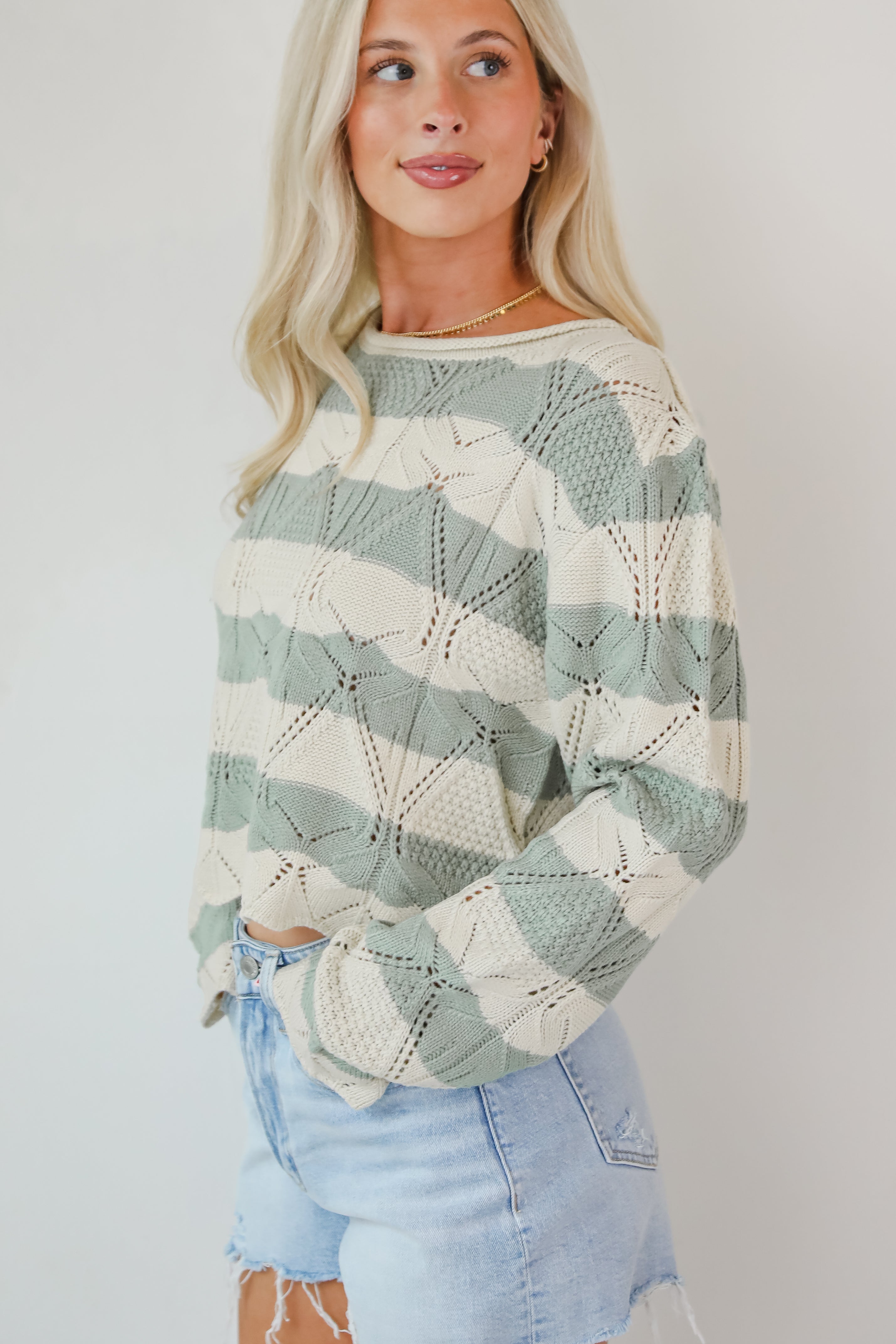 Strolls In The Sand Sage Striped Knit Top