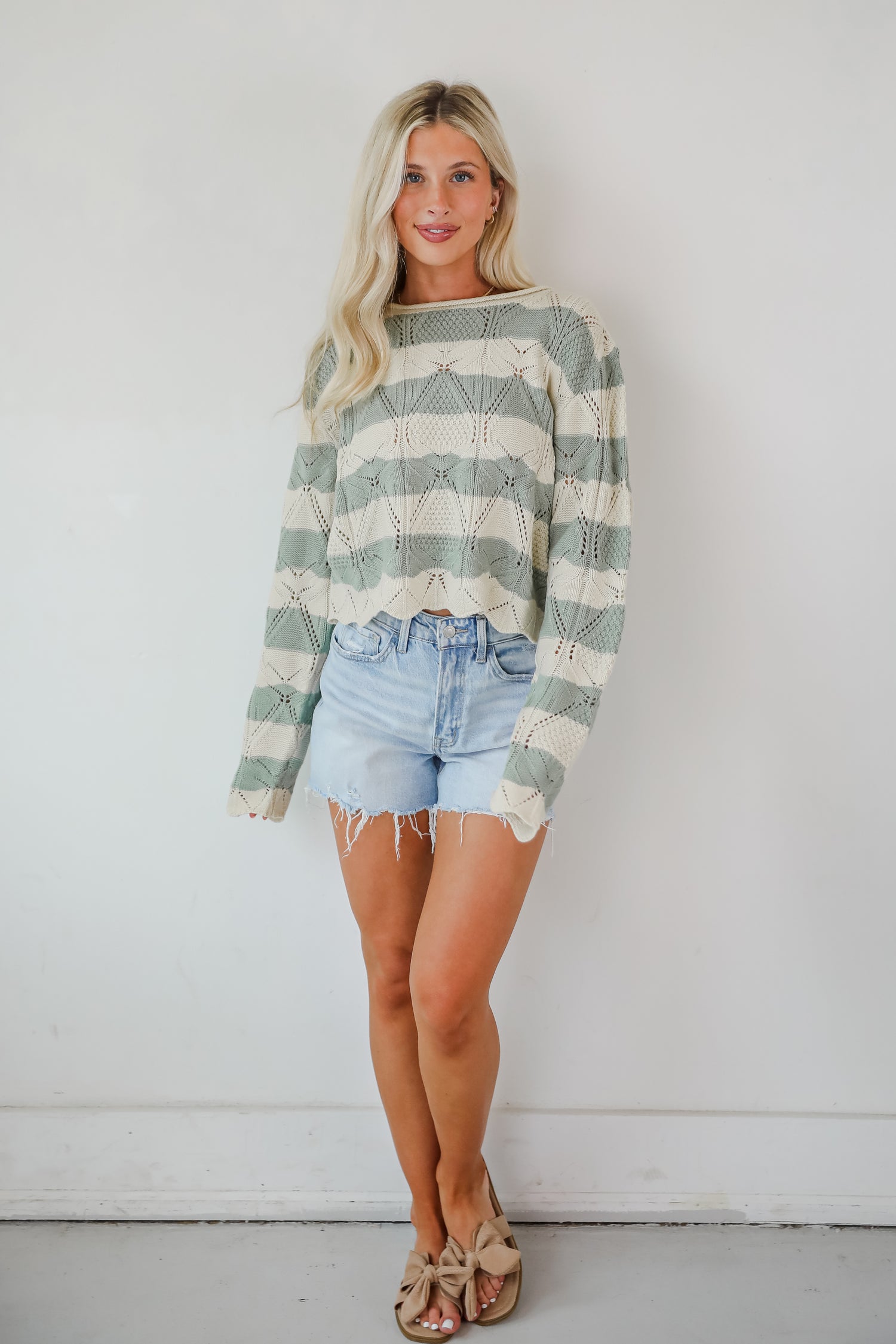 Strolls In The Sand Sage Striped Knit Top