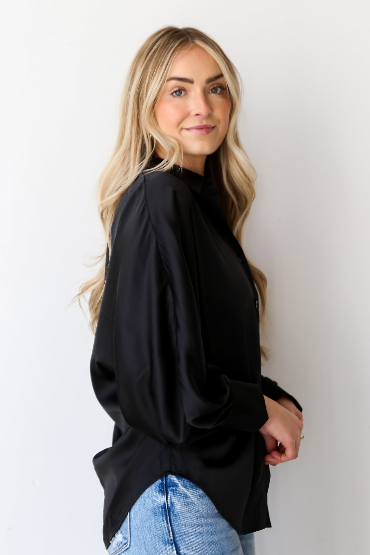 chic black Satin Button-Up Blouse