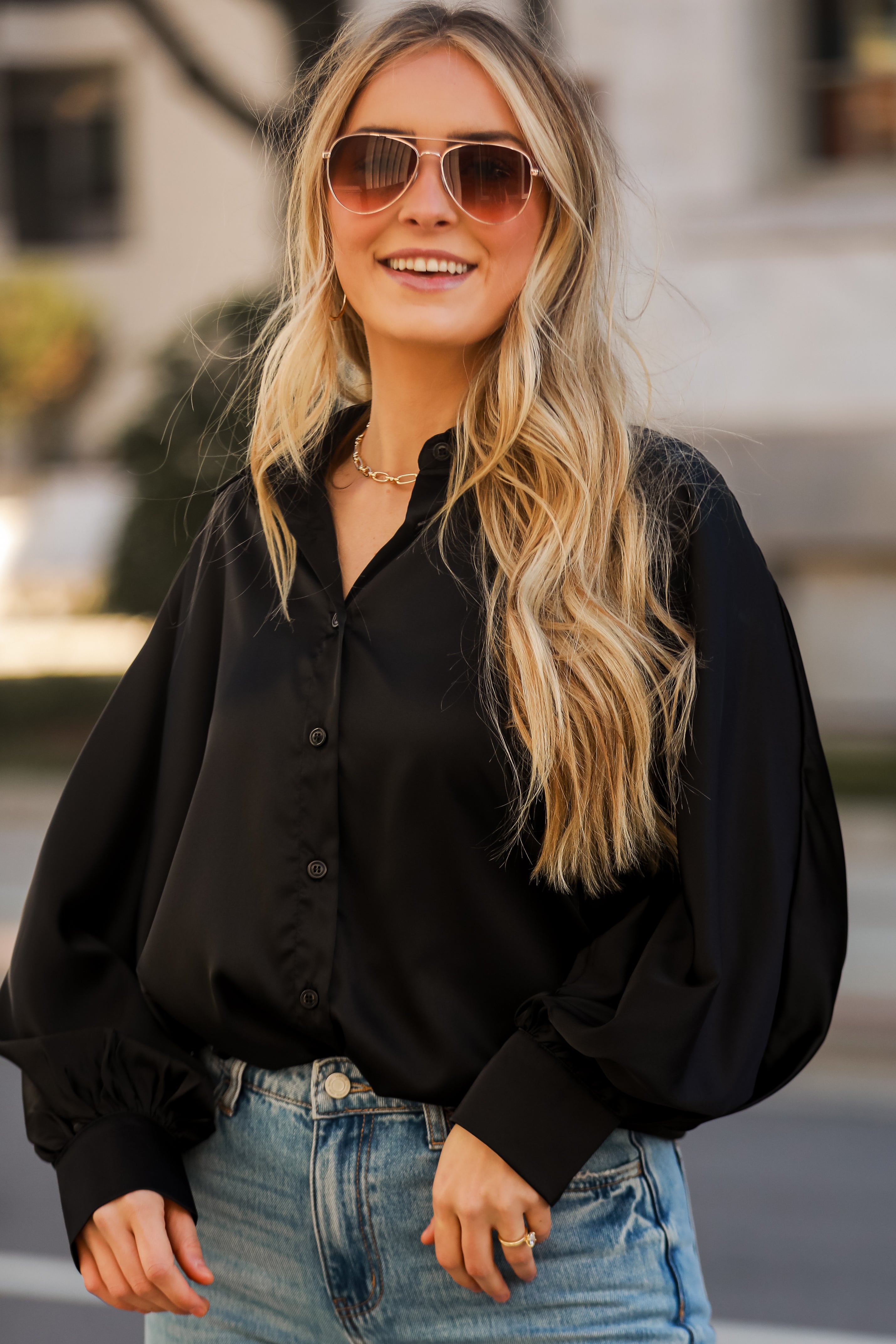 black Satin Button-Up Blouse