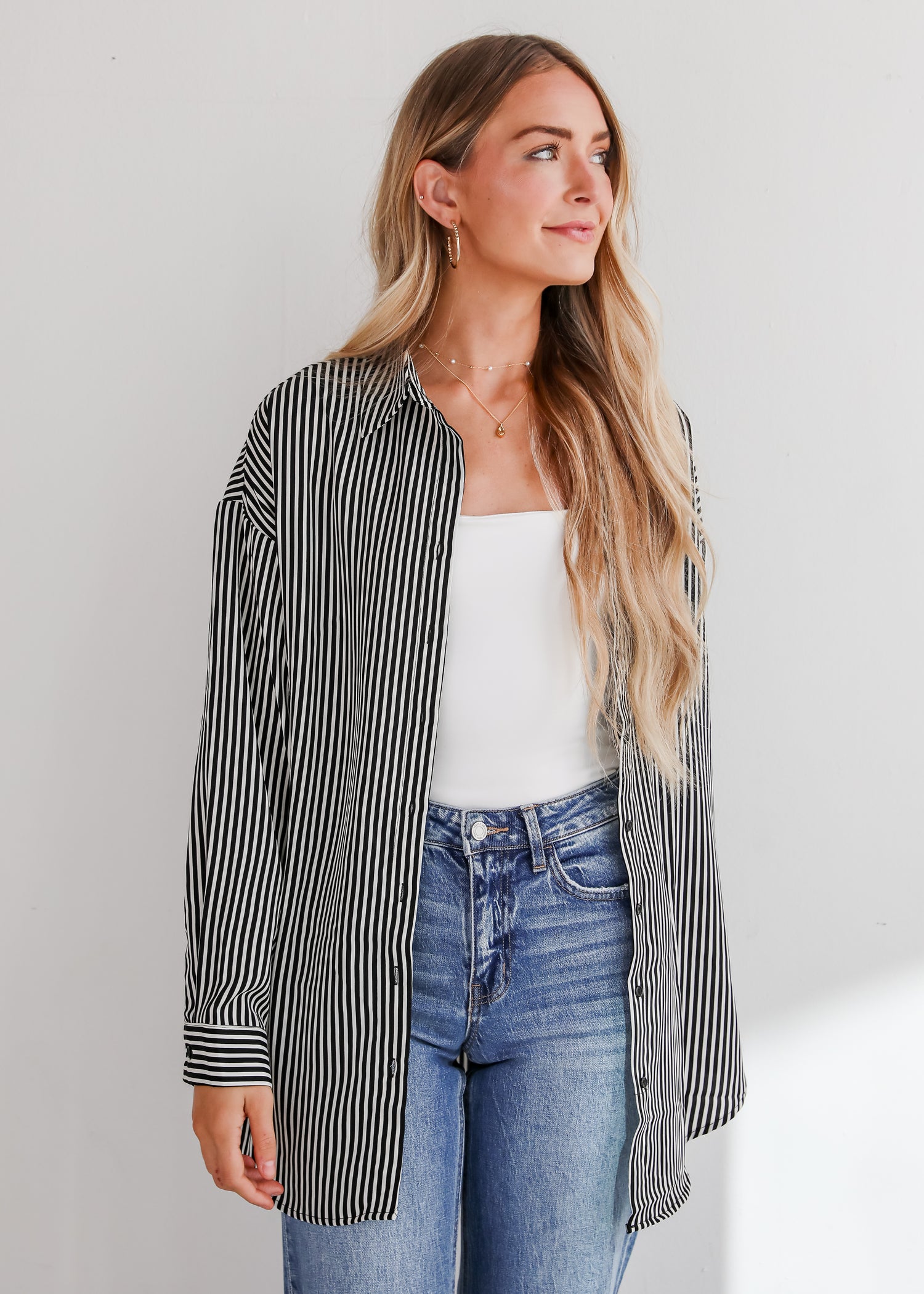 Playfully Composed Black Satin Striped Button-Up Blouse