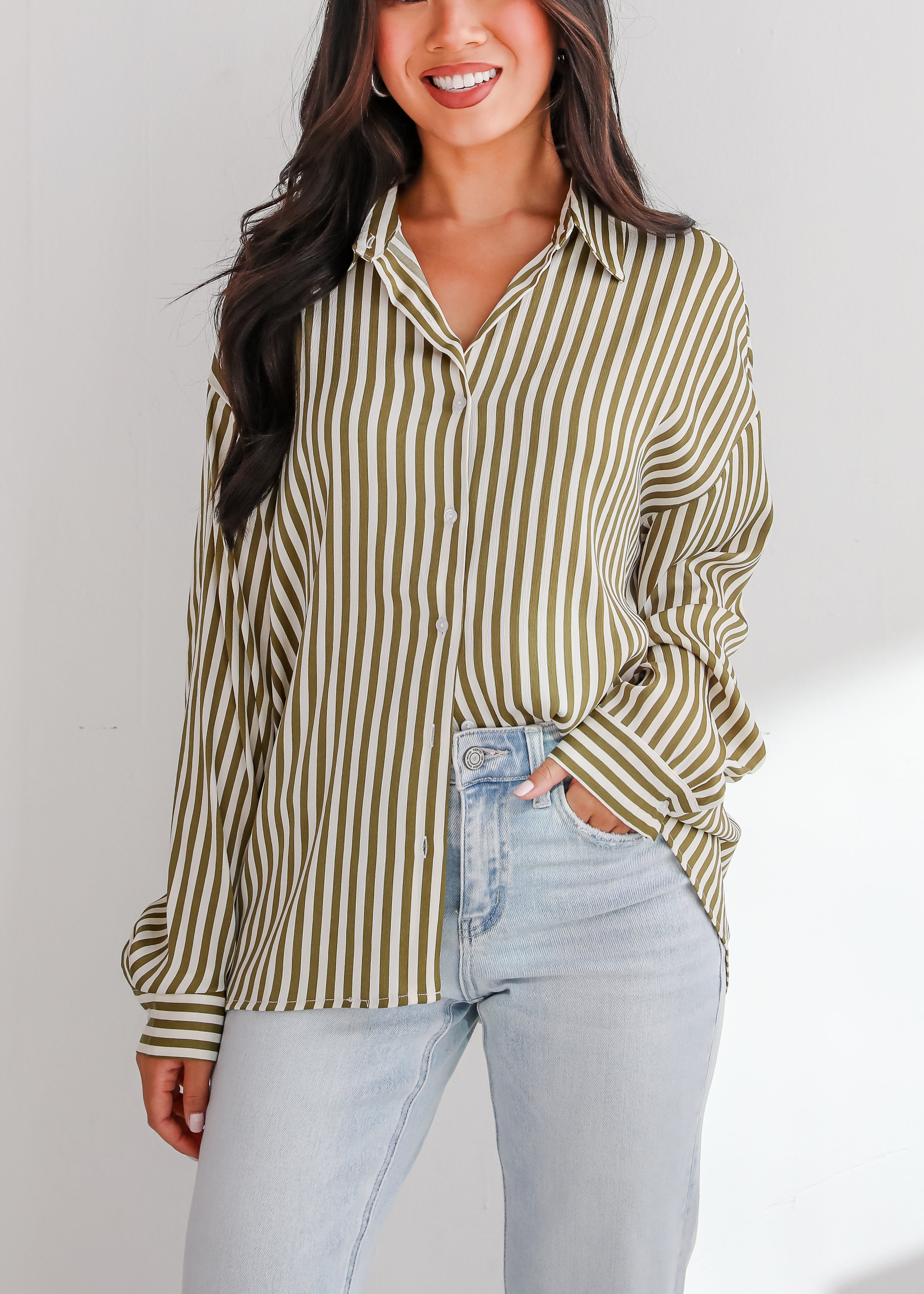 Composed Essence Satin Striped Button-Up Blouse