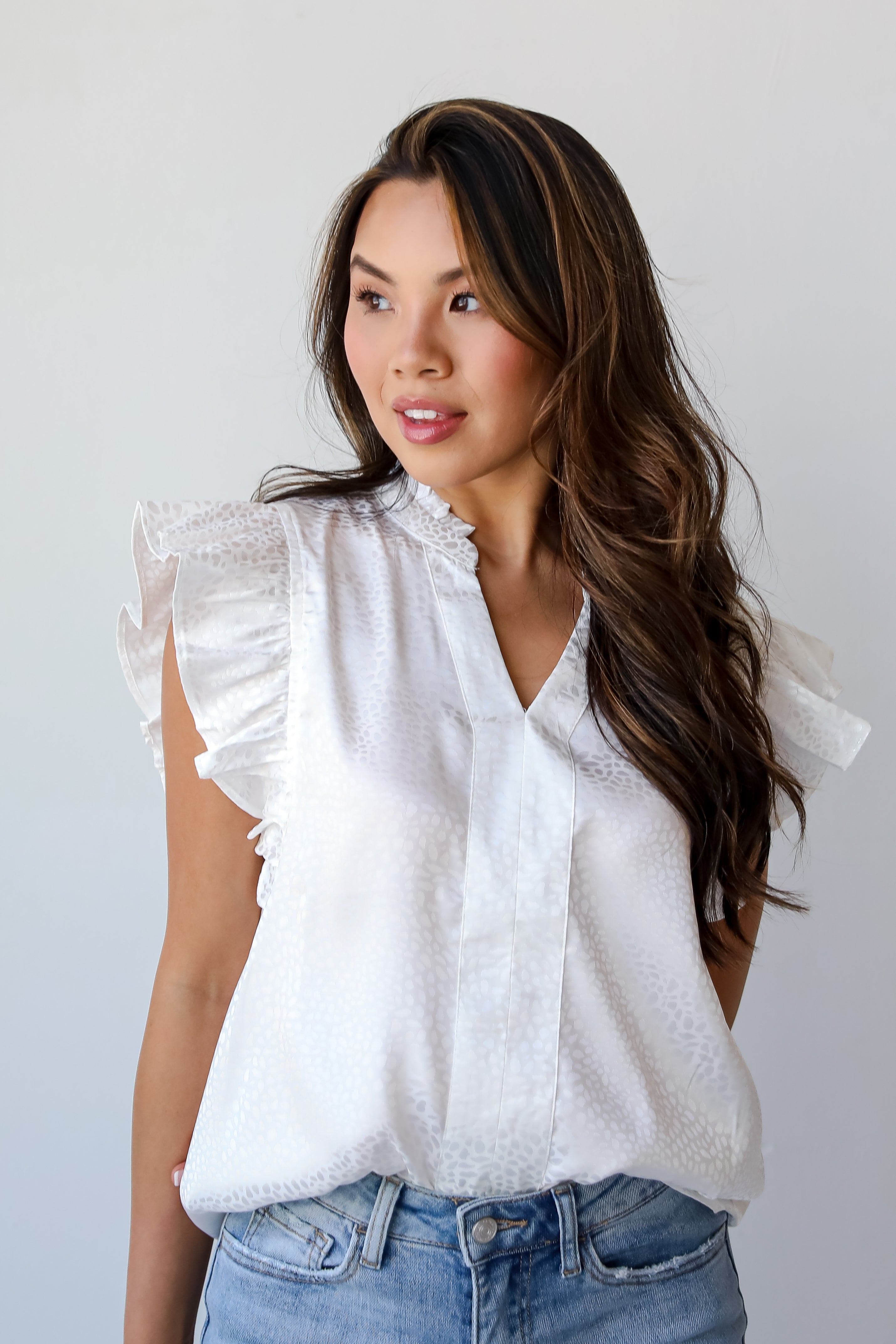 cute Ivory Satin Ruffle Blouse