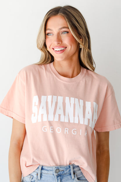 Peach Savannah Georgia Cropped Tee on model