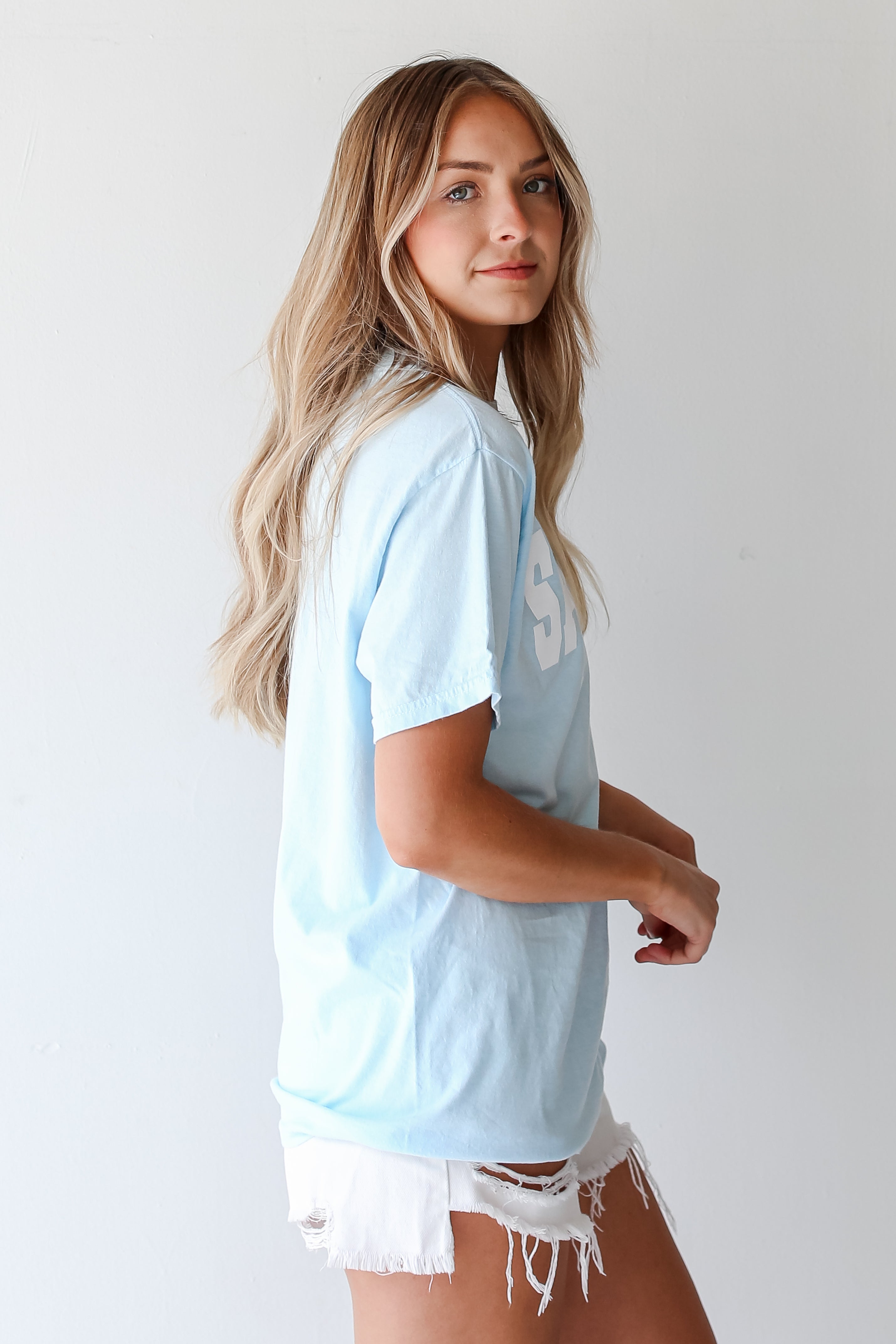 Light Blue Savannah Georgia Block Letter Tee side view