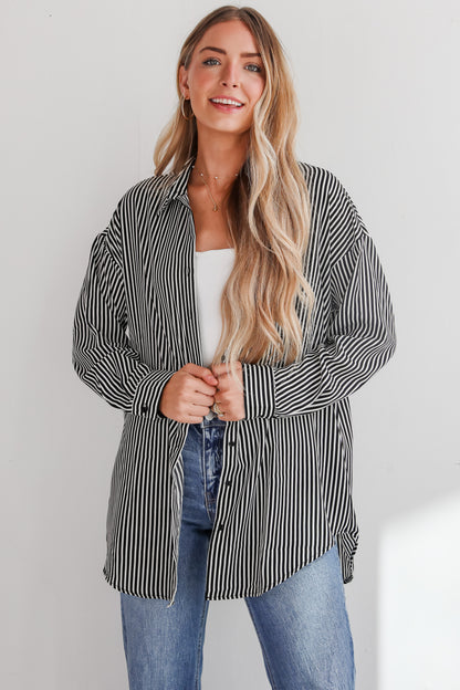 FINAL SALE - Playfully Composed Black Satin Striped Button-Up Blouse